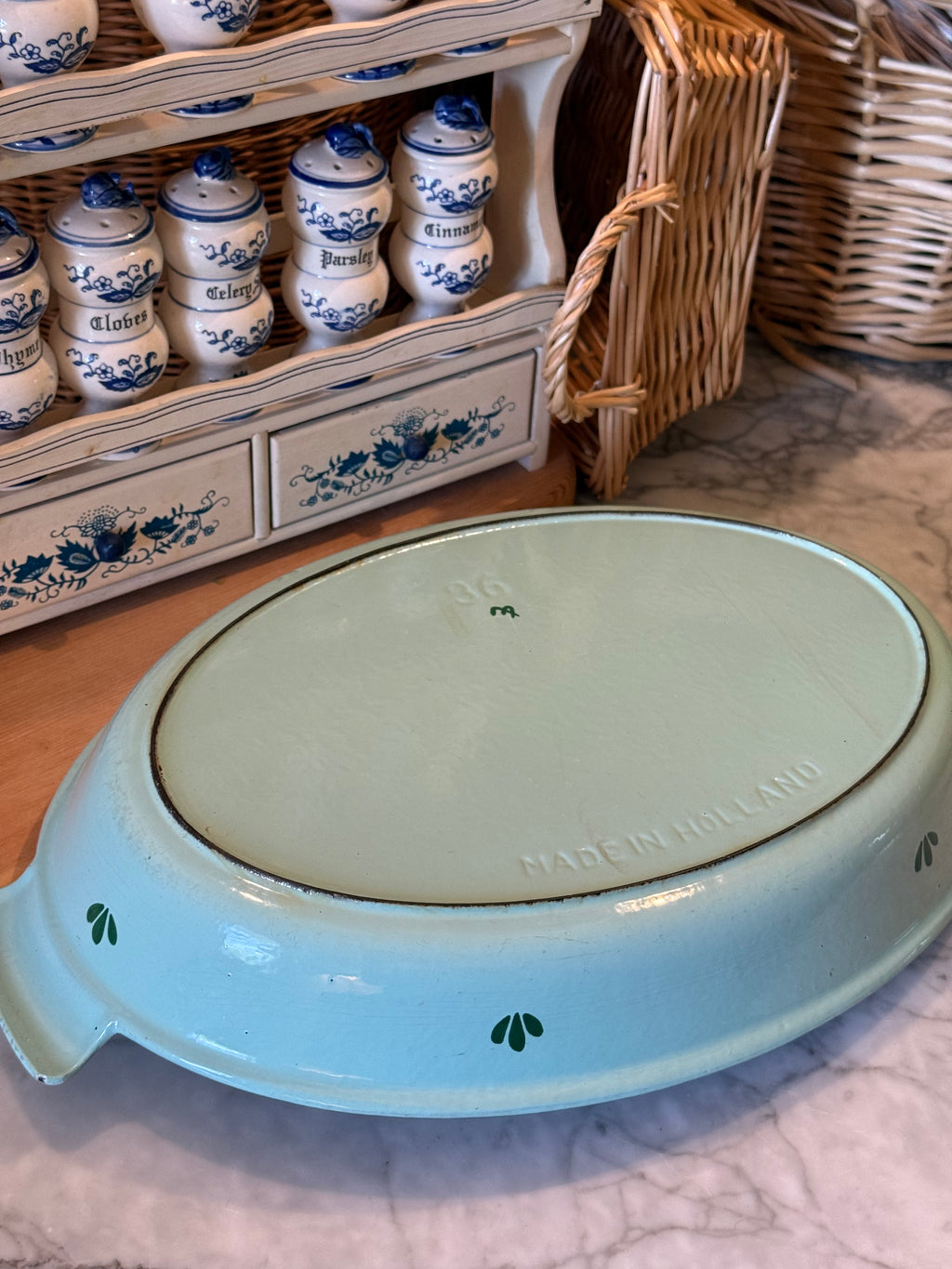 Vintage Teal Holland Enameled Cast Iron Casserole Dish
