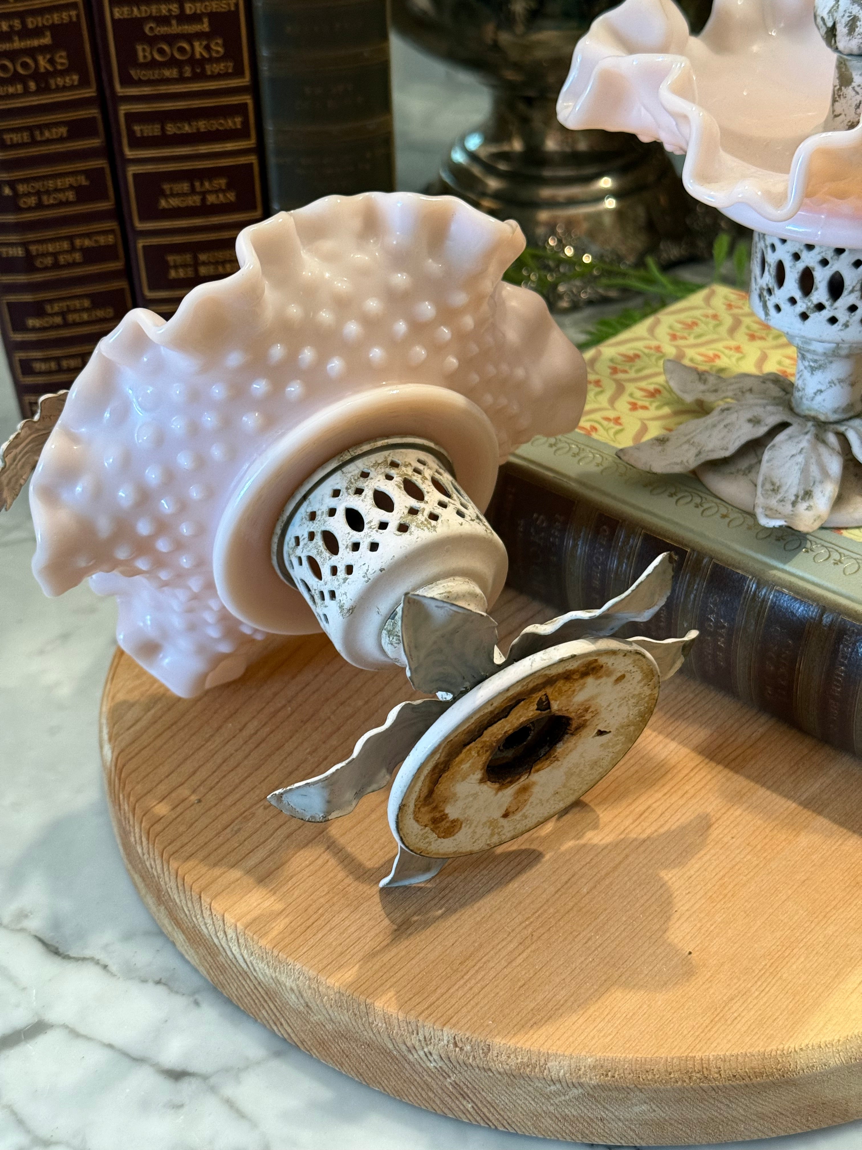 Fenton Pink Hobnail Milk Glass Victorian Candlestick Holder