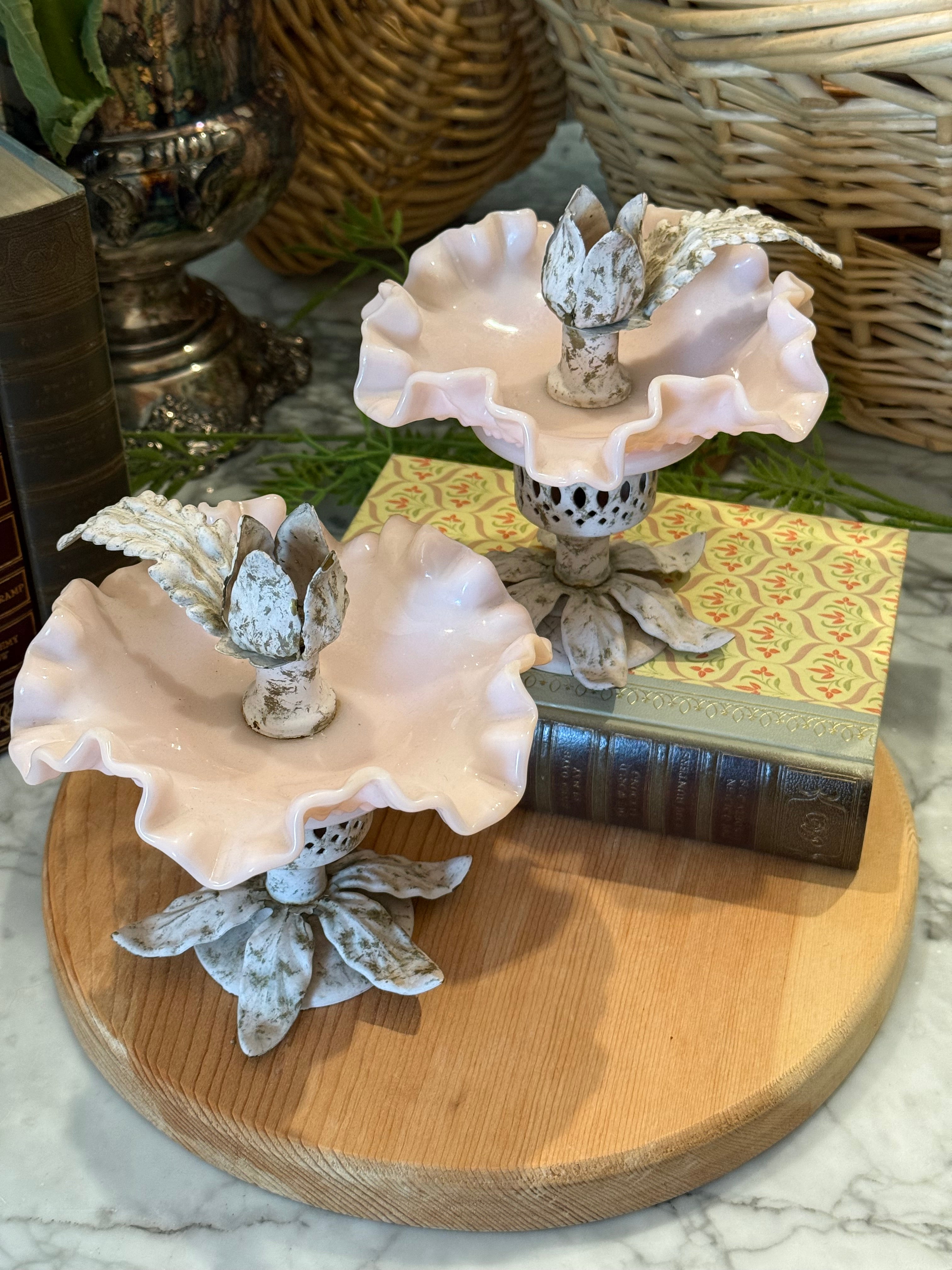 Fenton Pink Hobnail Milk Glass Victorian Candlestick Holder