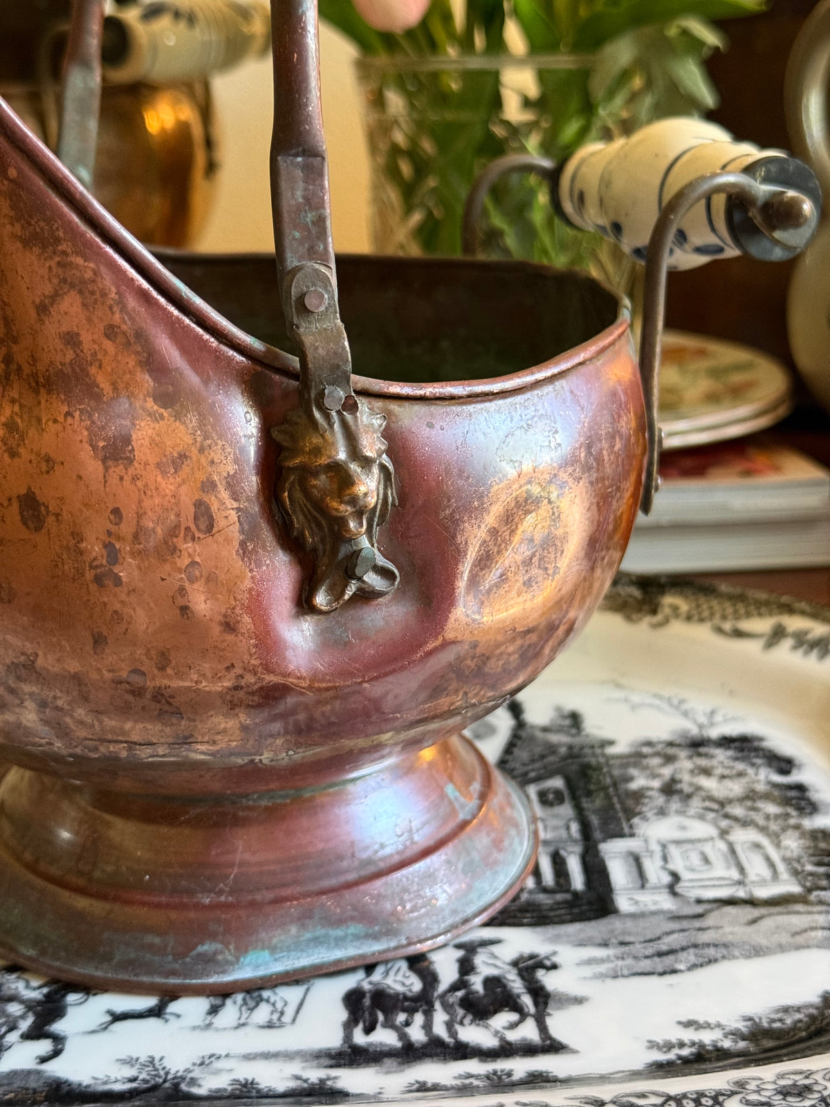 Small Vintage Copper Coal Scuttle Bucket with Delft-Style Handles