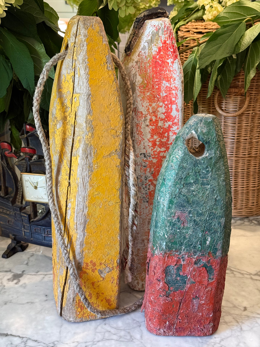 Vintage Set of 3 Wood Lobster Trap Buoy Floats - East Coast USA Nautical Decor