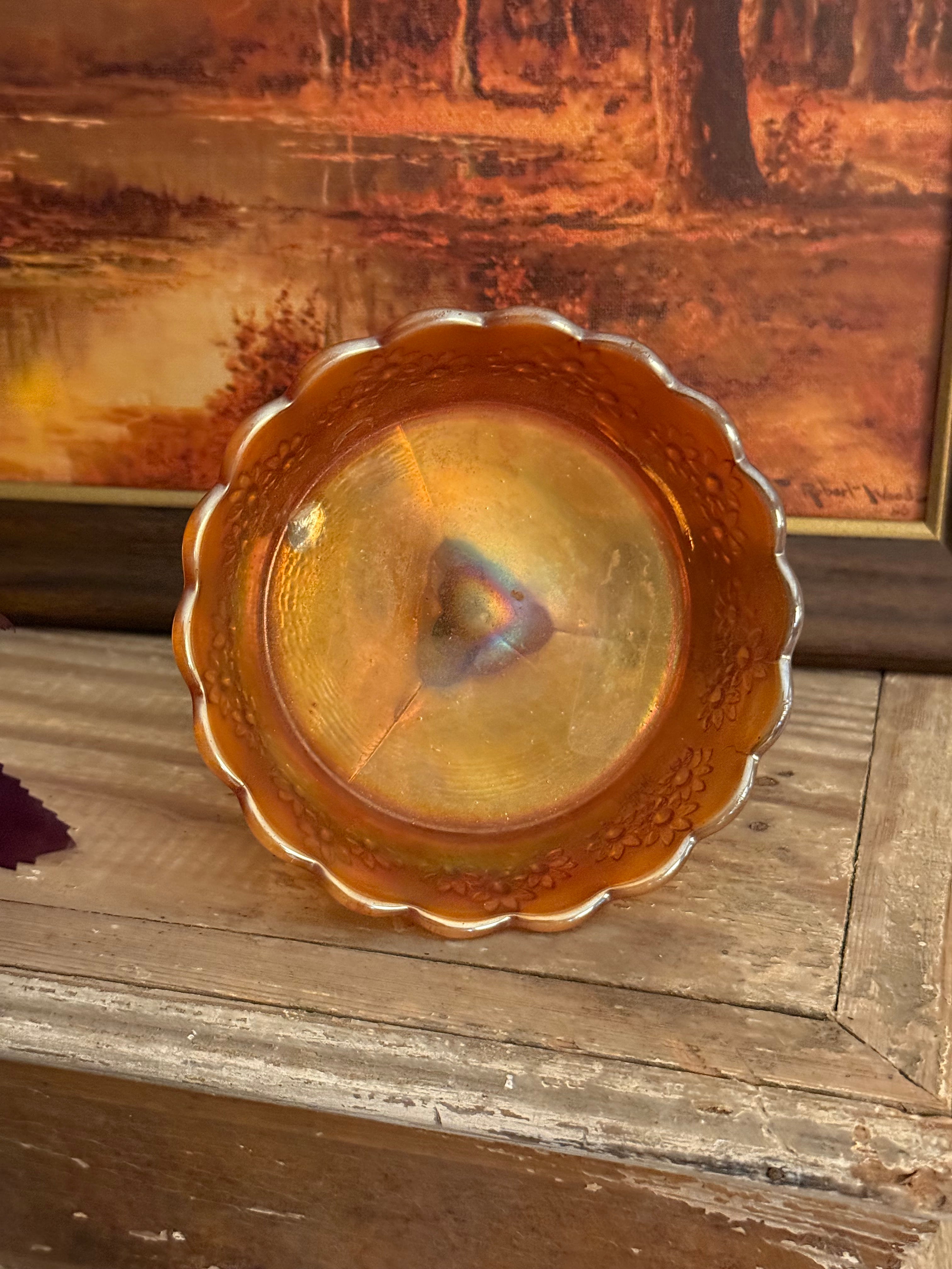 Antique Fenton Orange Tree Marigold Carnival Glass Footed Ice Cream Dish