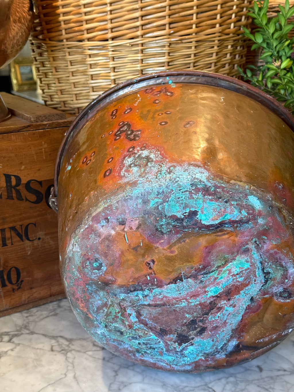 Antique Copper Hearth Bucket with Iron Handle