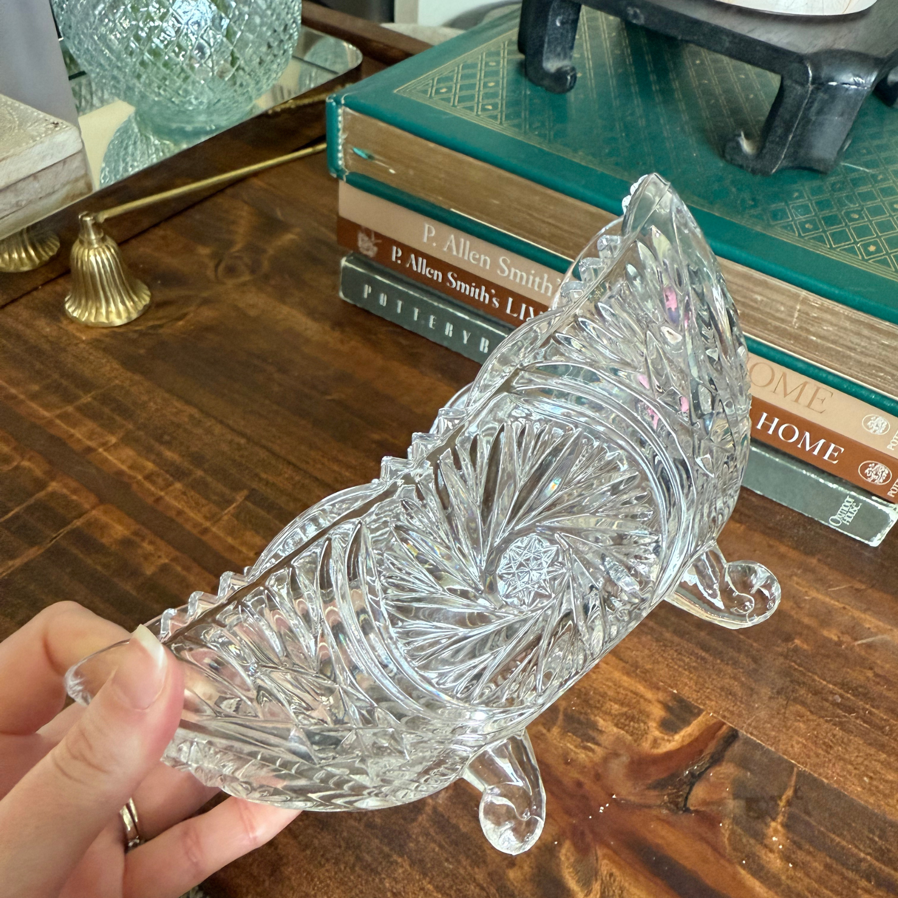 American Brilliant Cut Crystal Cut Oval Glass Footed Bowl