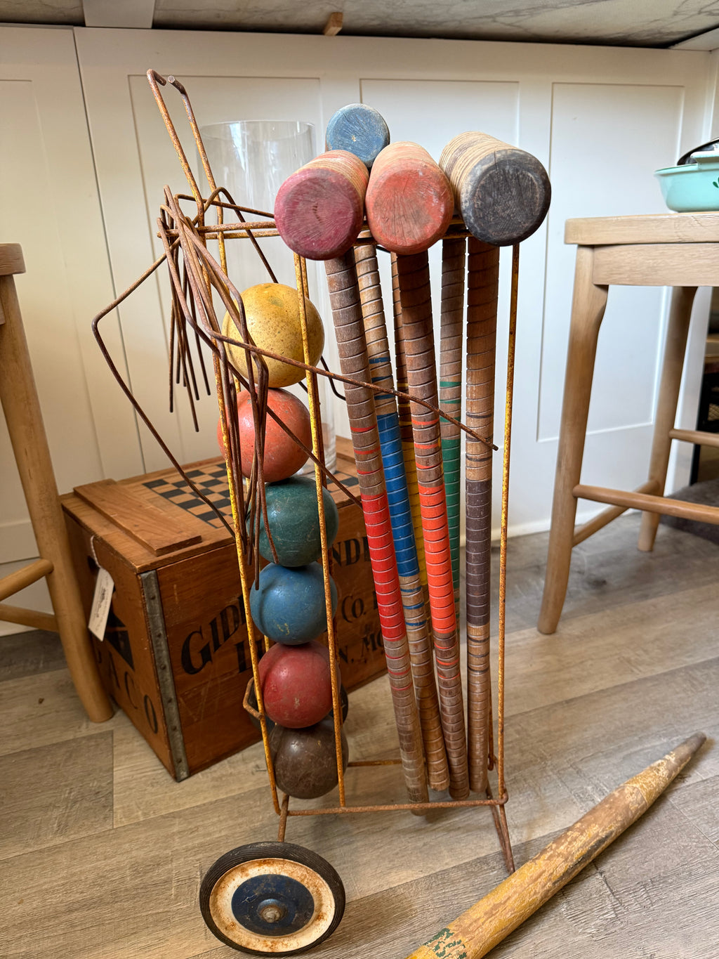 Vintage Wooden Croquet Set with Rolling Wire Cart