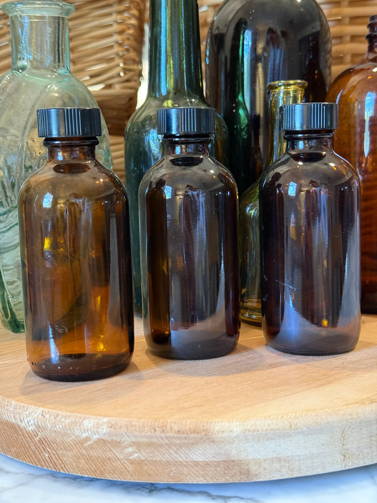 Amber Glass Small Bottles with Black Lids Set of 3 Apothecary Decor