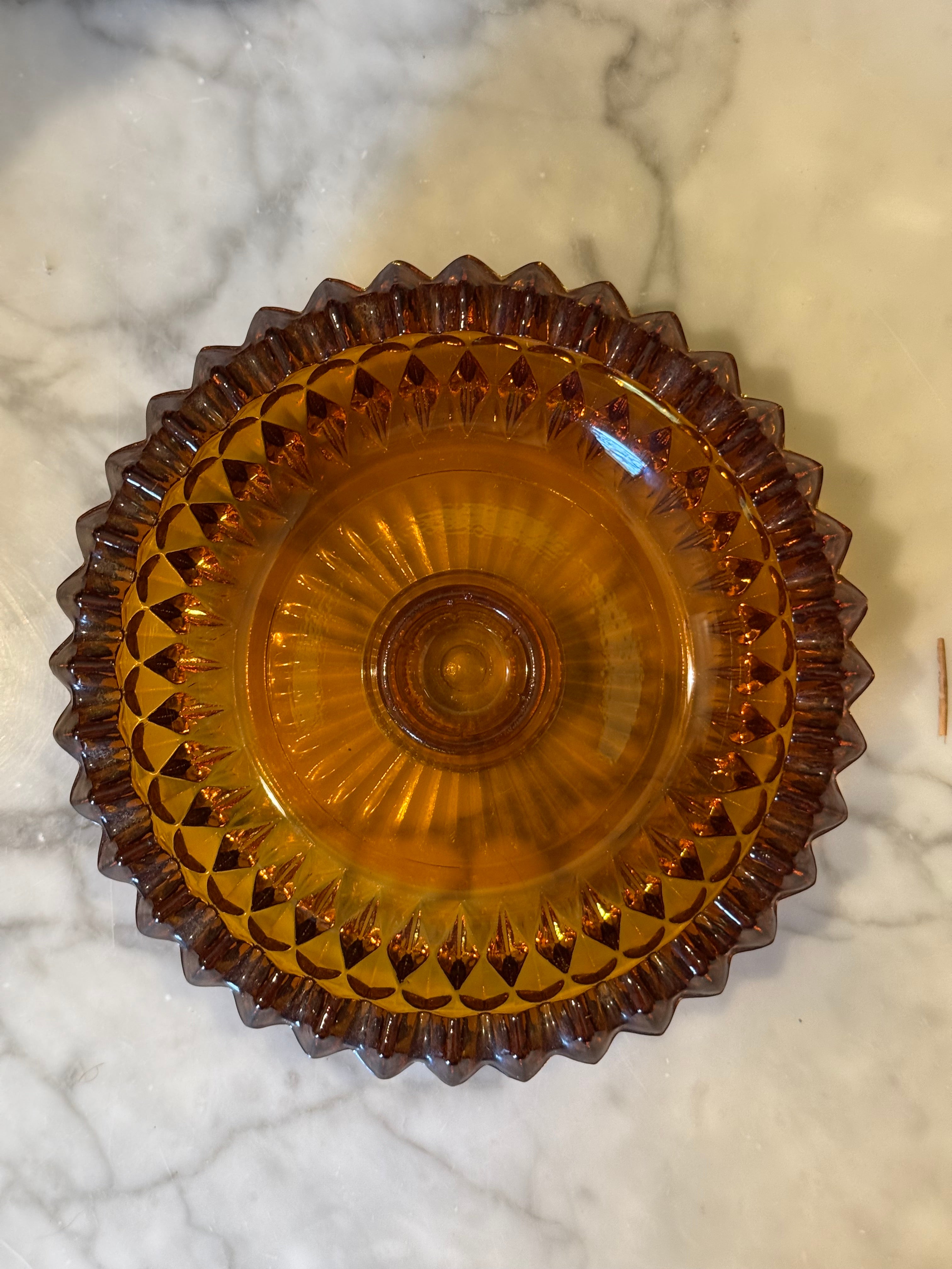 1970s Amber Diamond Point Candle Dish
