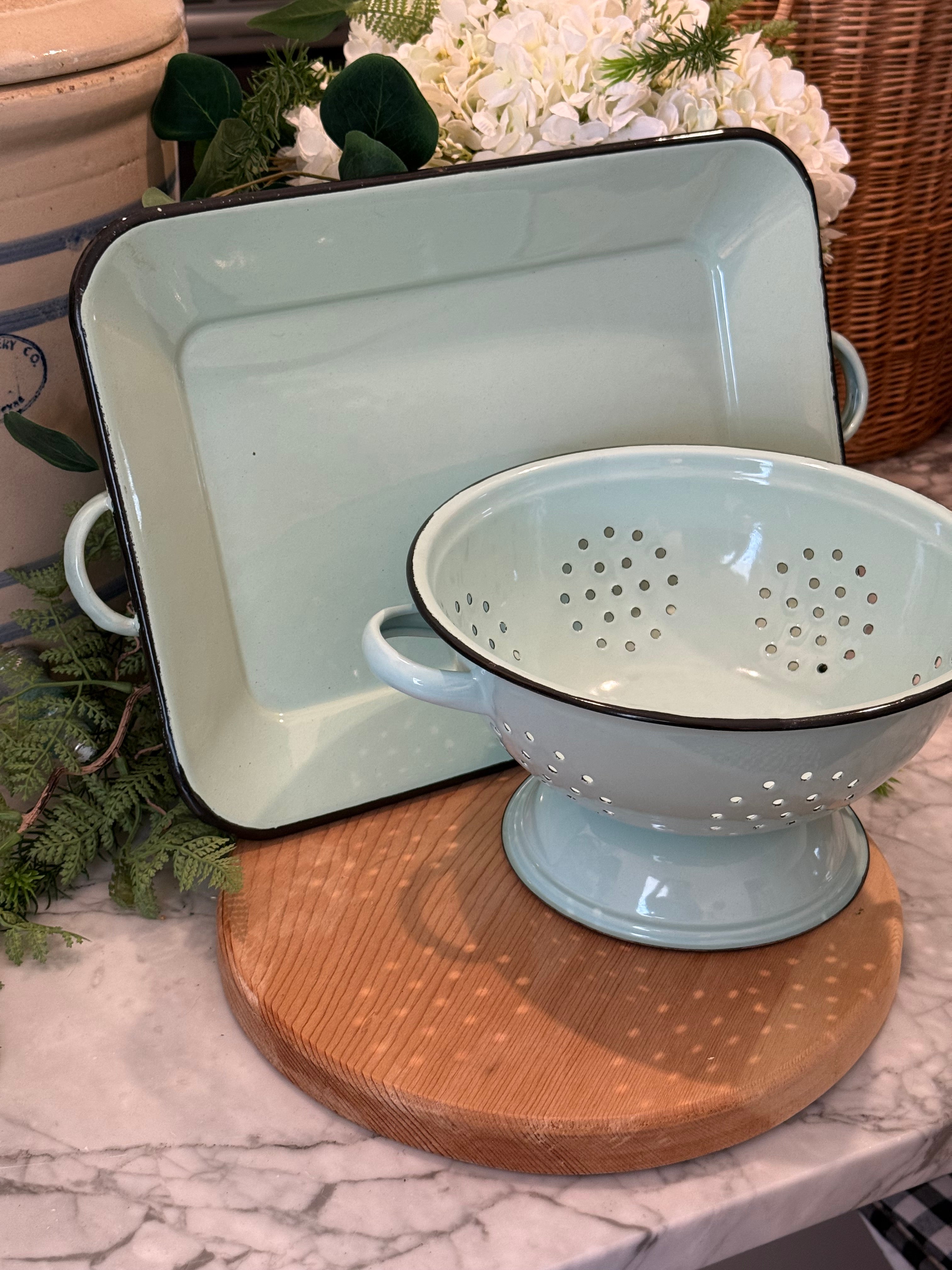 Vintage Pale Blue Teal Enamelware Serving Platter Tray