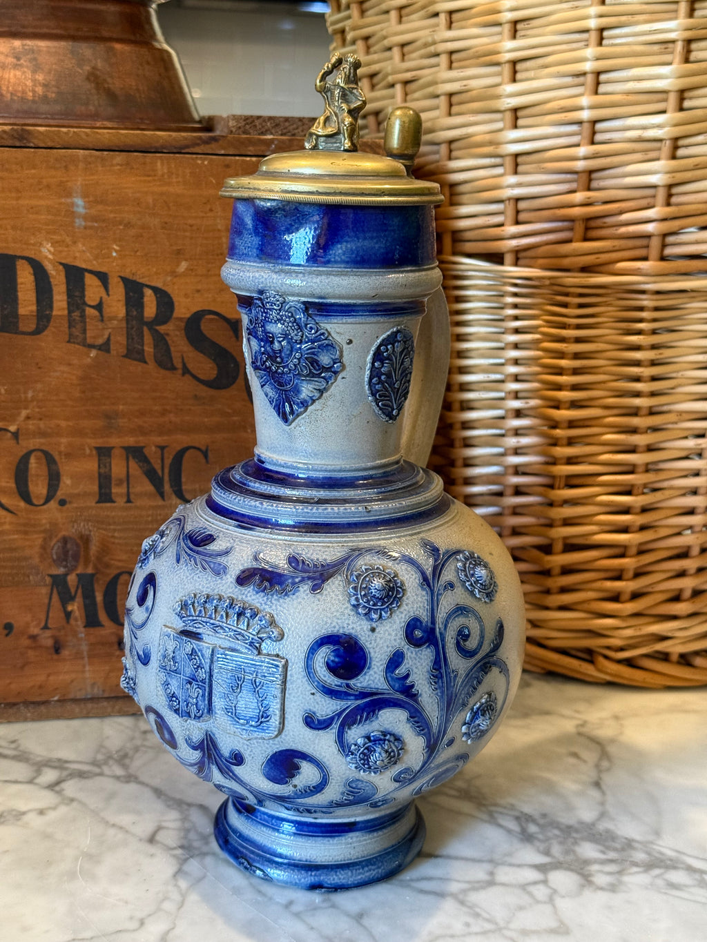 Antique German Westerwald Stein with Ornate Brass Finial