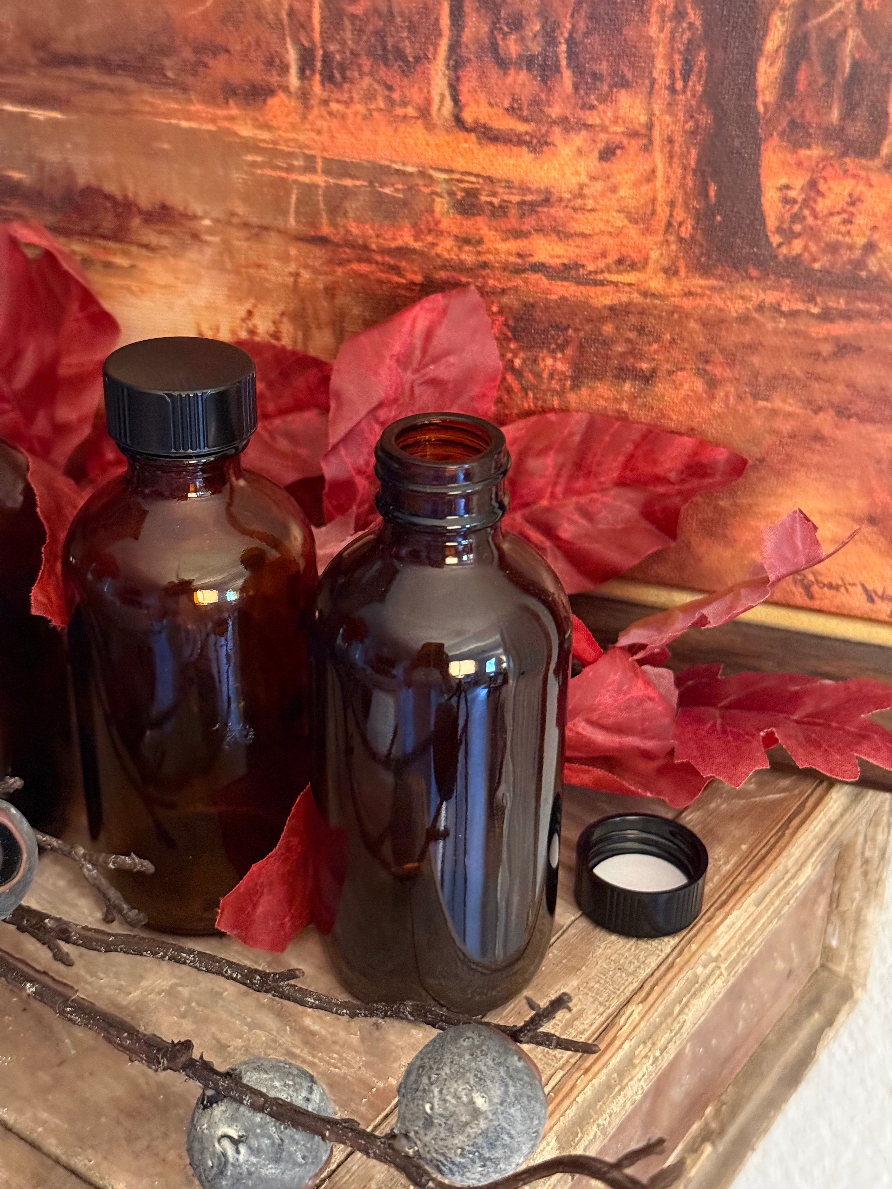 Amber Glass Small Bottles with Black Lids Set of 3 Apothecary Decor