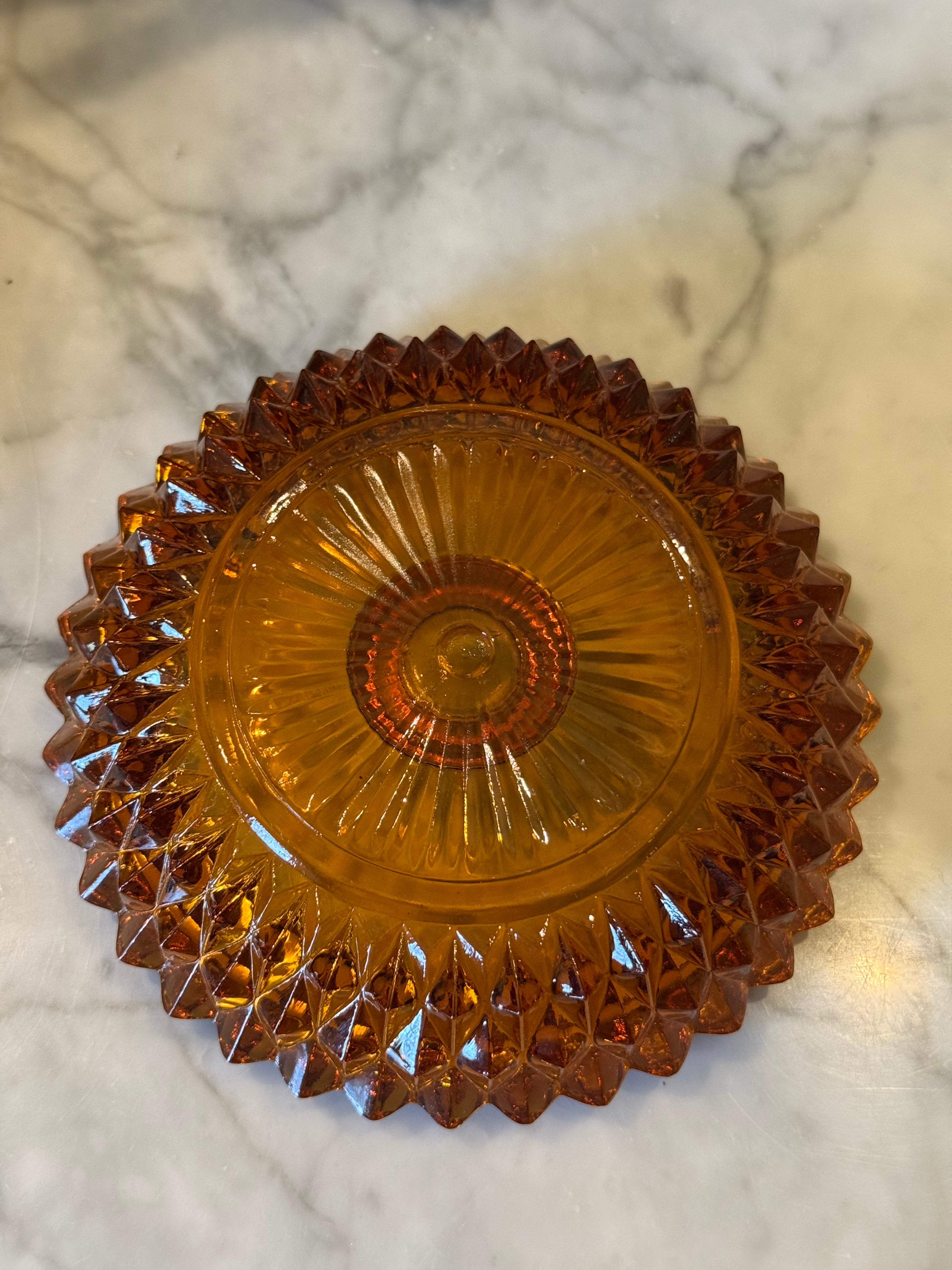 1970s Amber Diamond Point Candle Dish