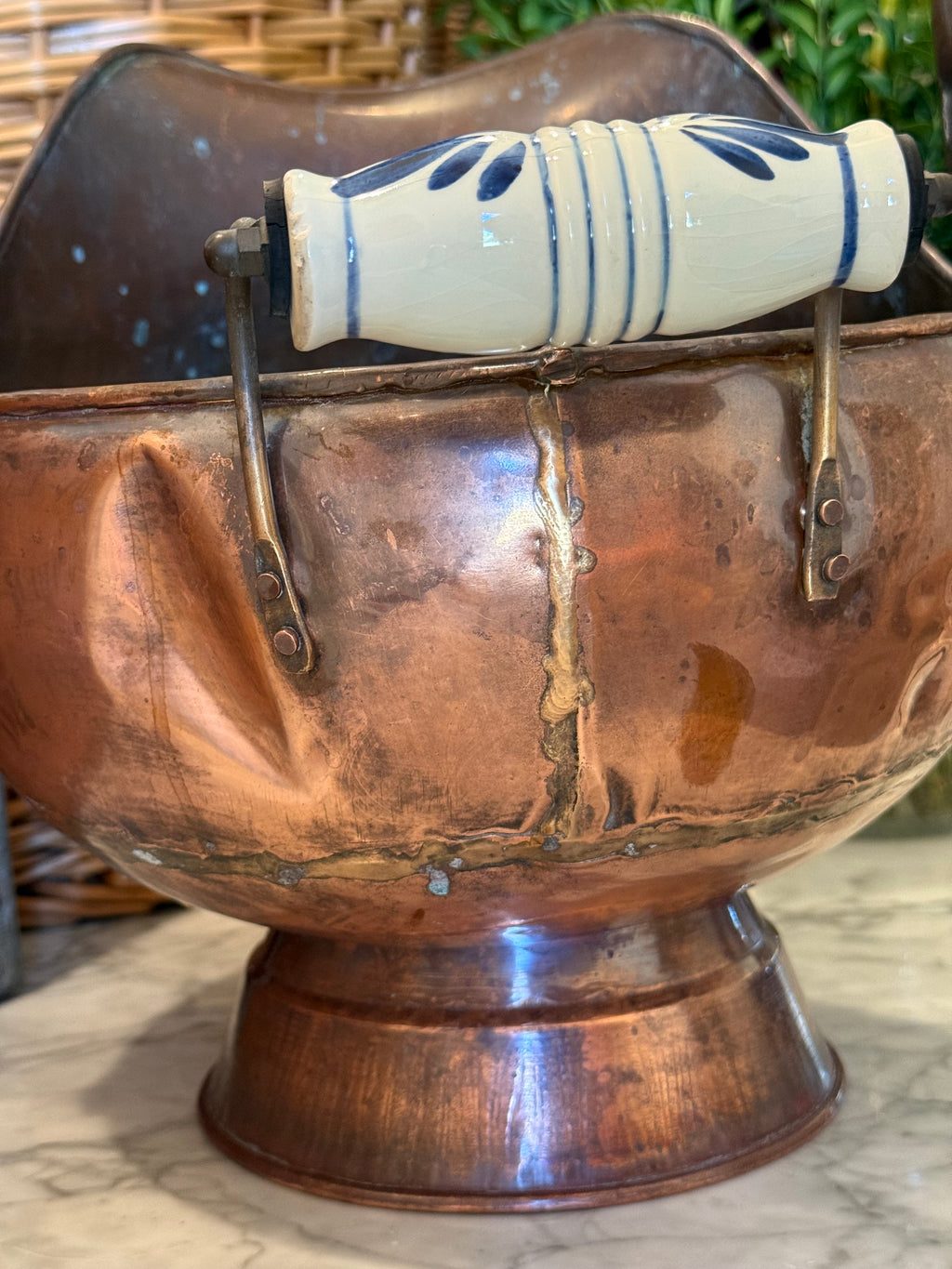 Large Vintage Copper Scuttle Bucket with Delft-Style Handles