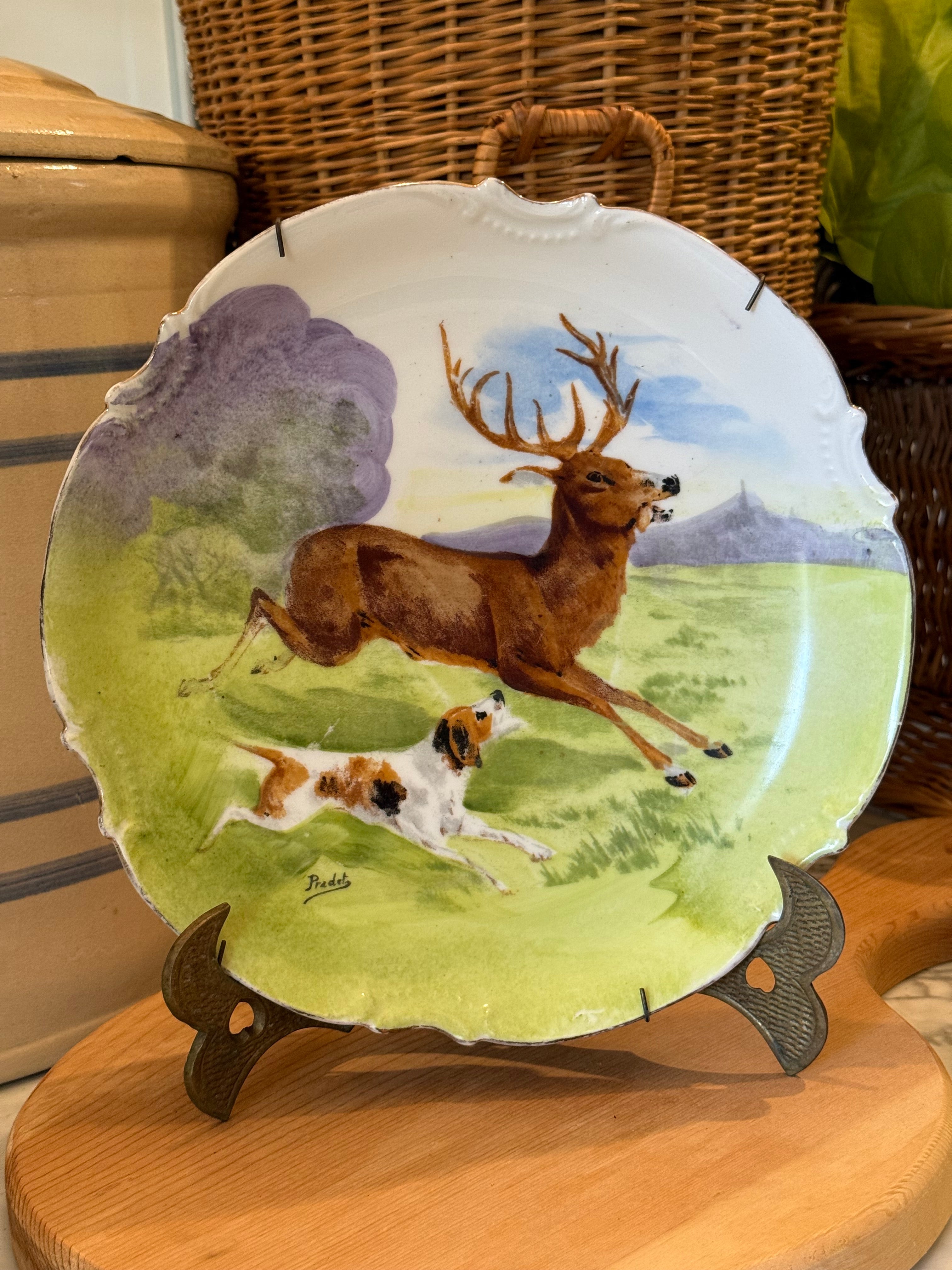 Antique Hand-Painted Stag & Hound Limoges Plate