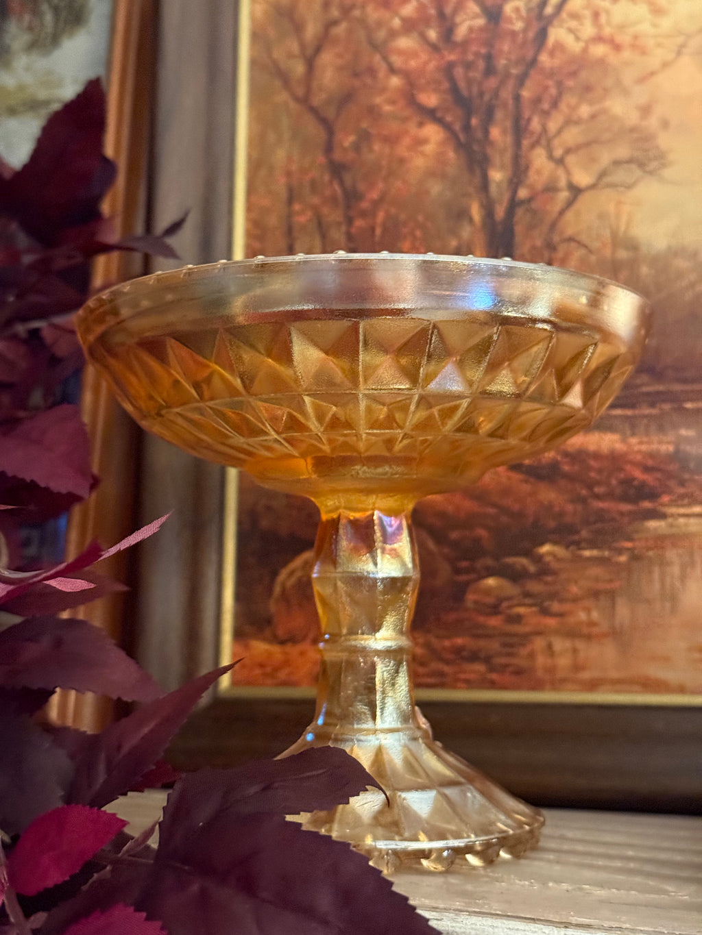 Vintage Jeannette Windsor Marigold Carnival Glass Pedestal Compote Dish