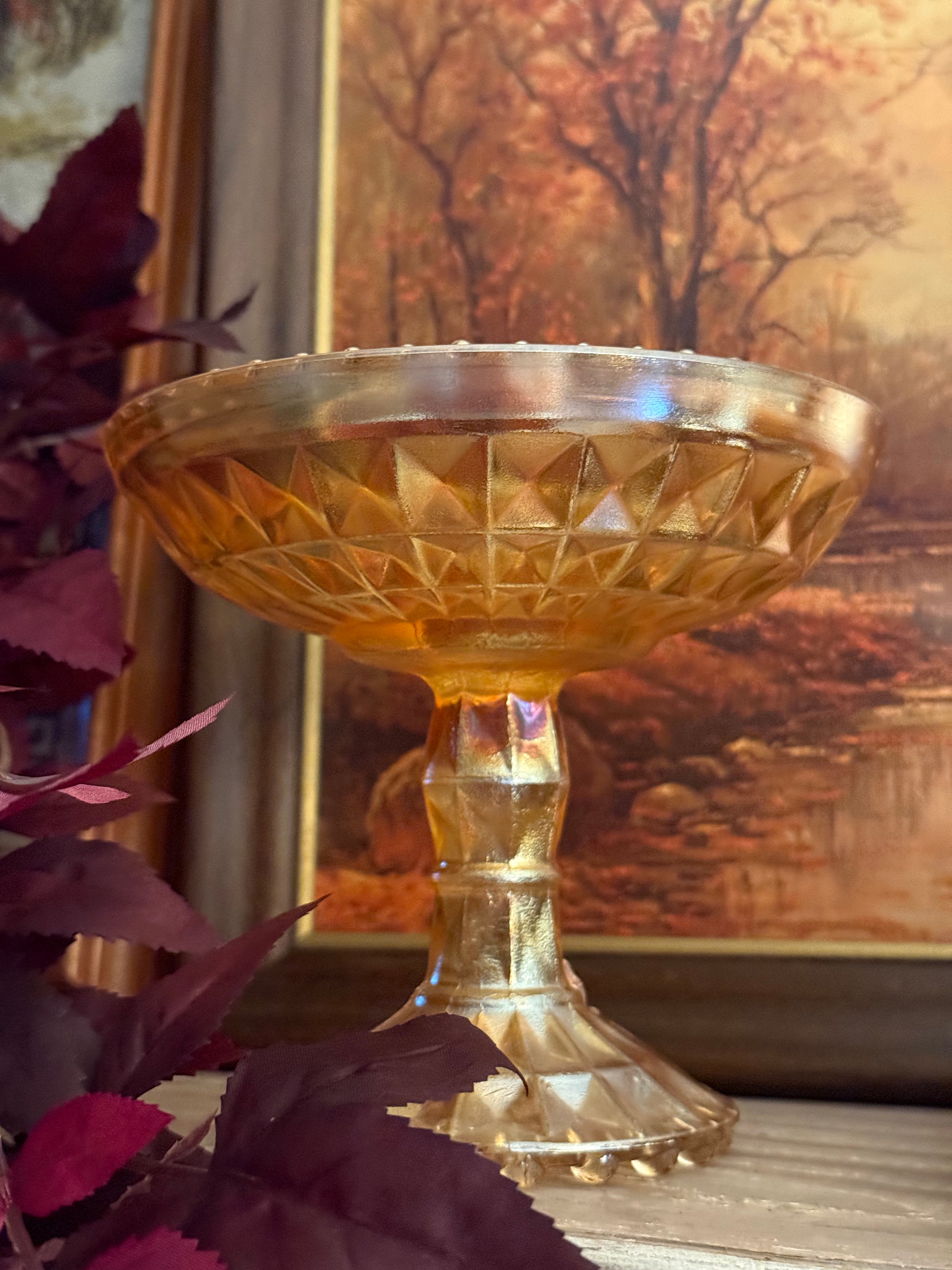 Vintage Jeannette Windsor Marigold Carnival Glass Pedestal Compote Dish