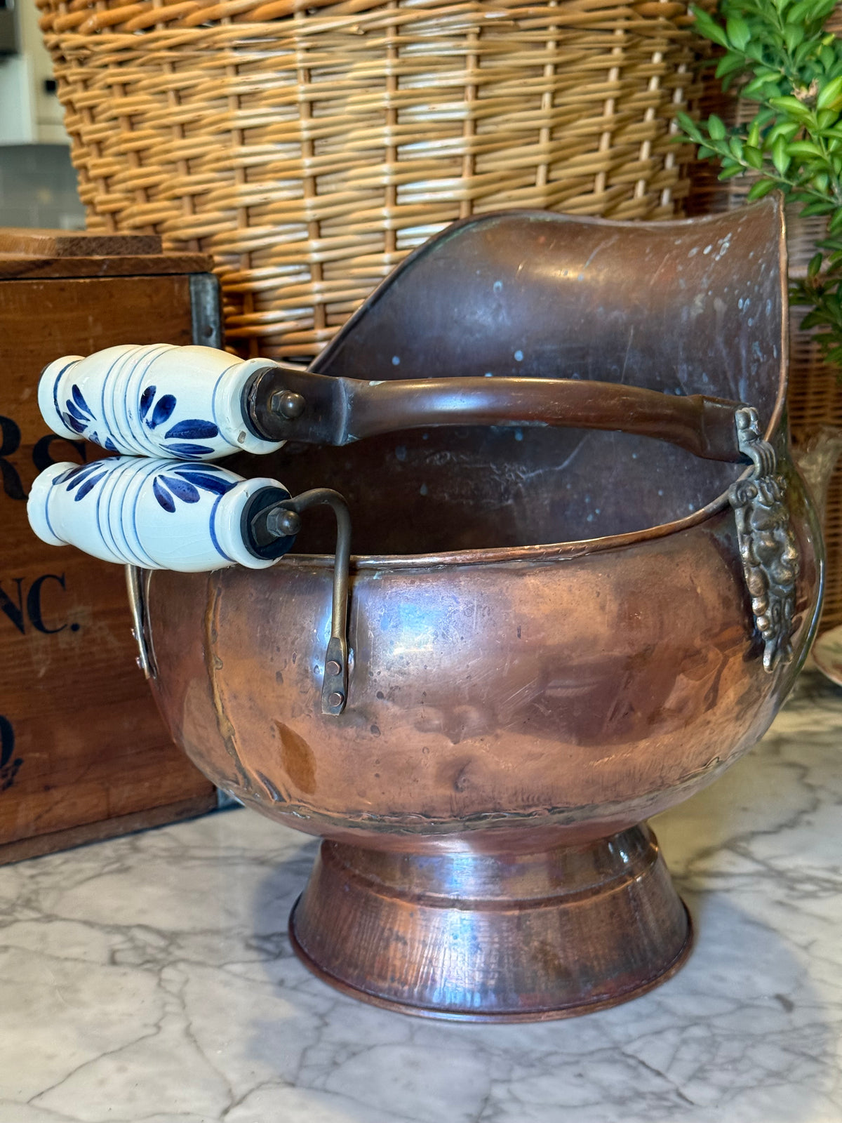 Large Vintage Copper Scuttle Bucket with Delft-Style Handles