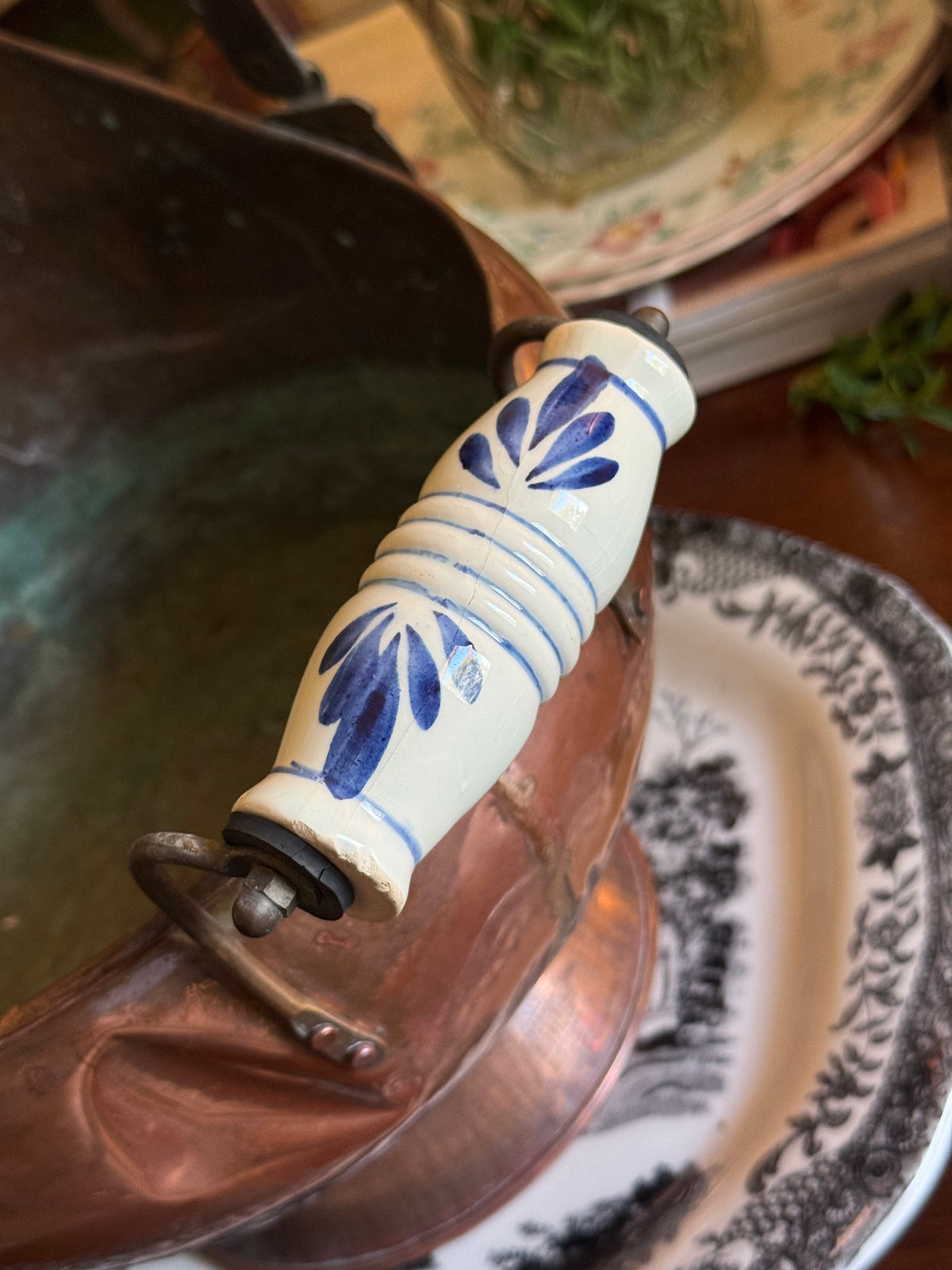 Large Vintage Copper Scuttle Bucket with Delft-Style Handles