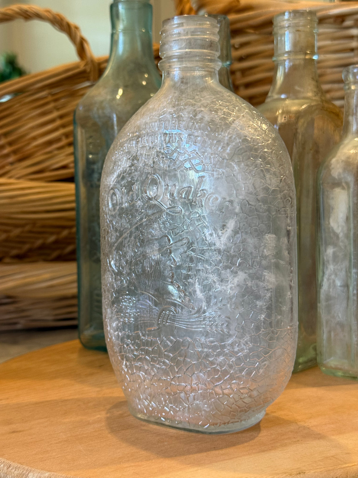 Vintage Quaker Motif Glass Flask