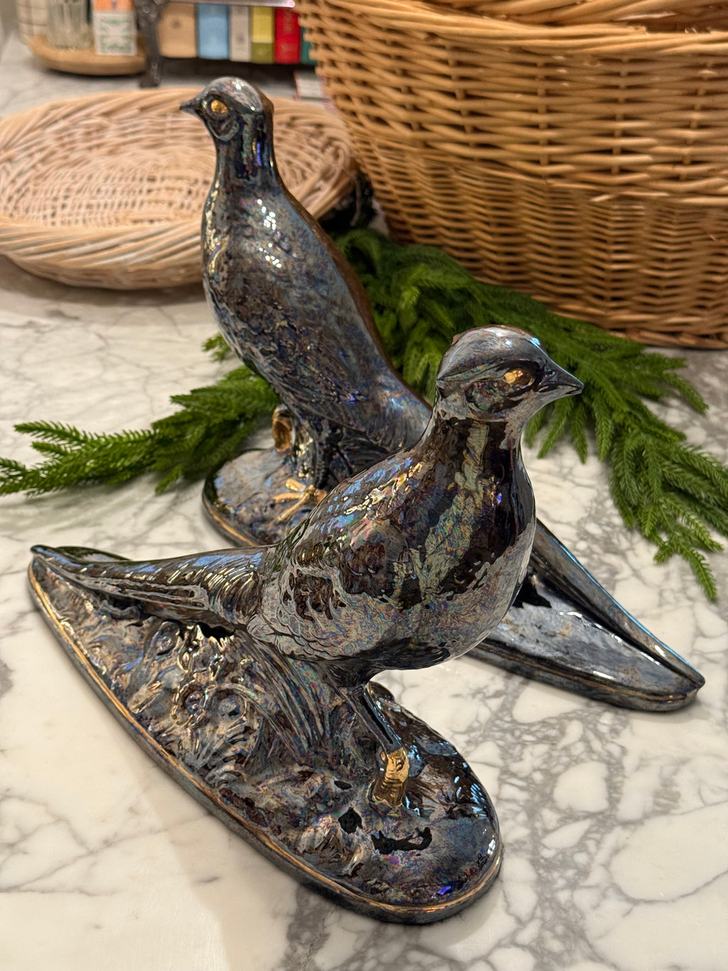 Sculpted Mercury Gray Pheasant Pair