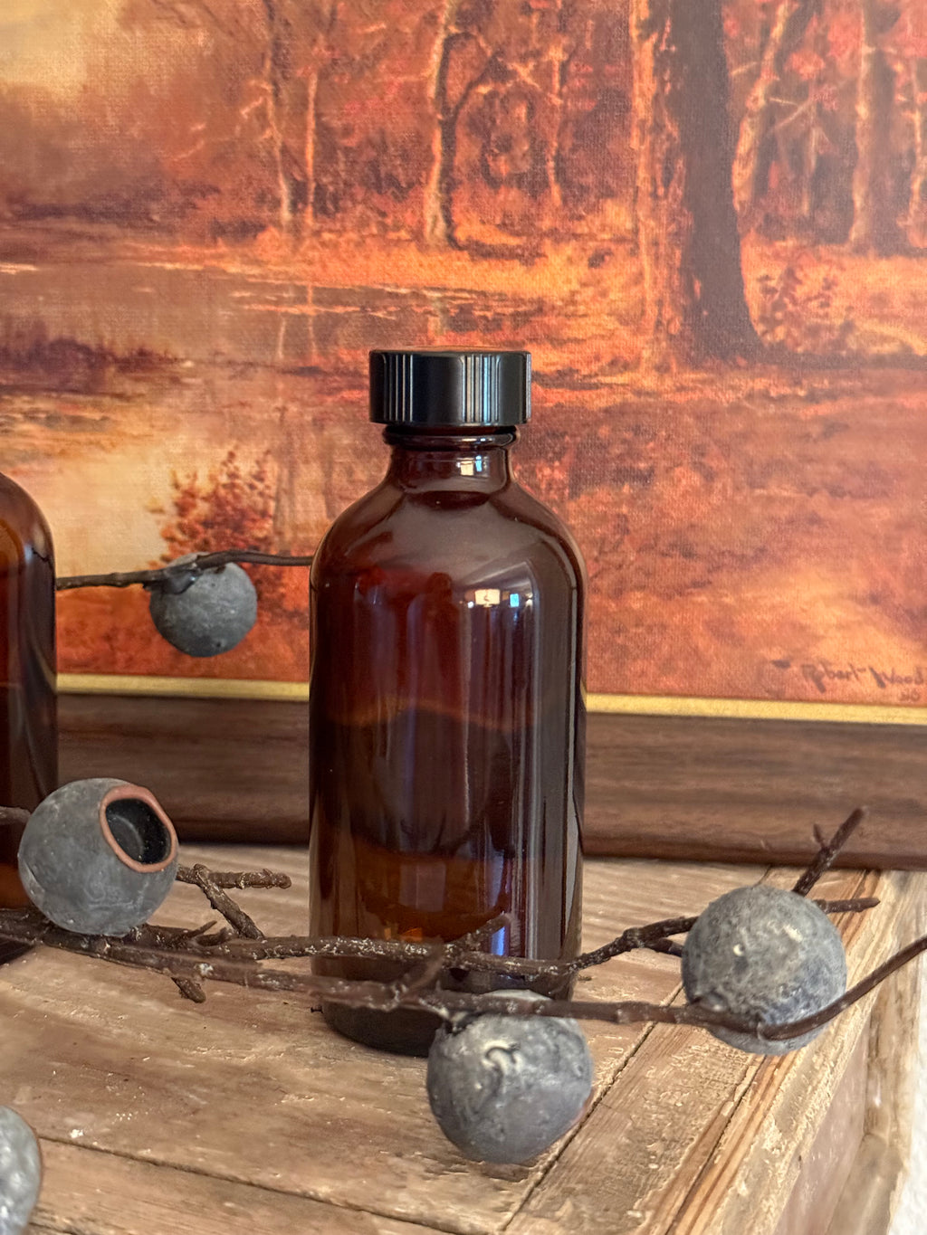 Amber Glass Small Bottles with Black Lids Set of 3 Apothecary Decor