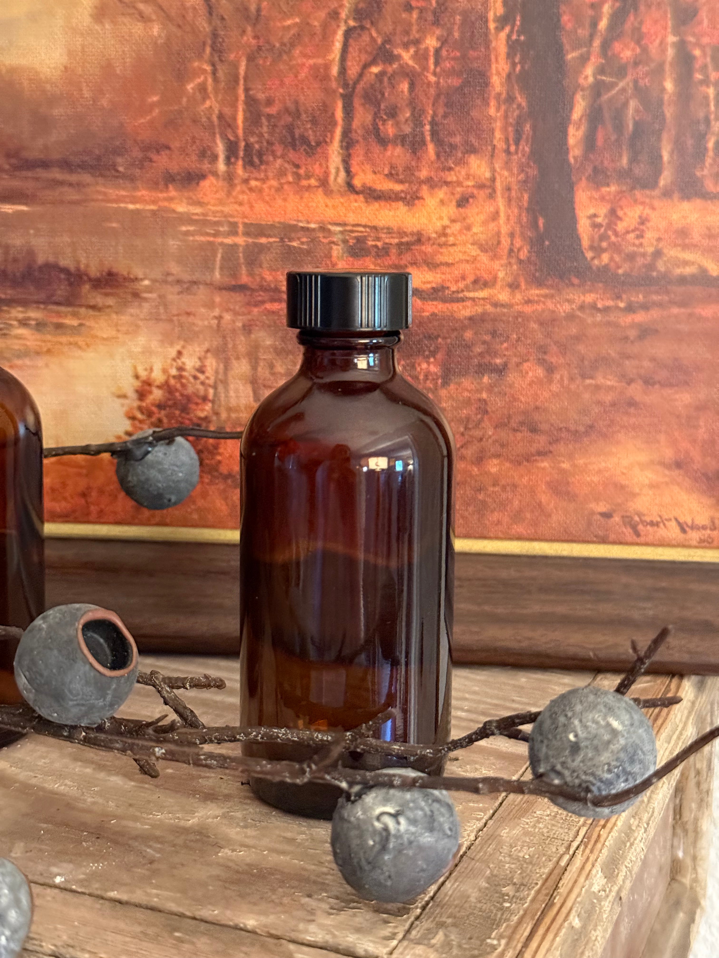Amber Glass Small Bottles with Black Lids Set of 3 Apothecary Decor