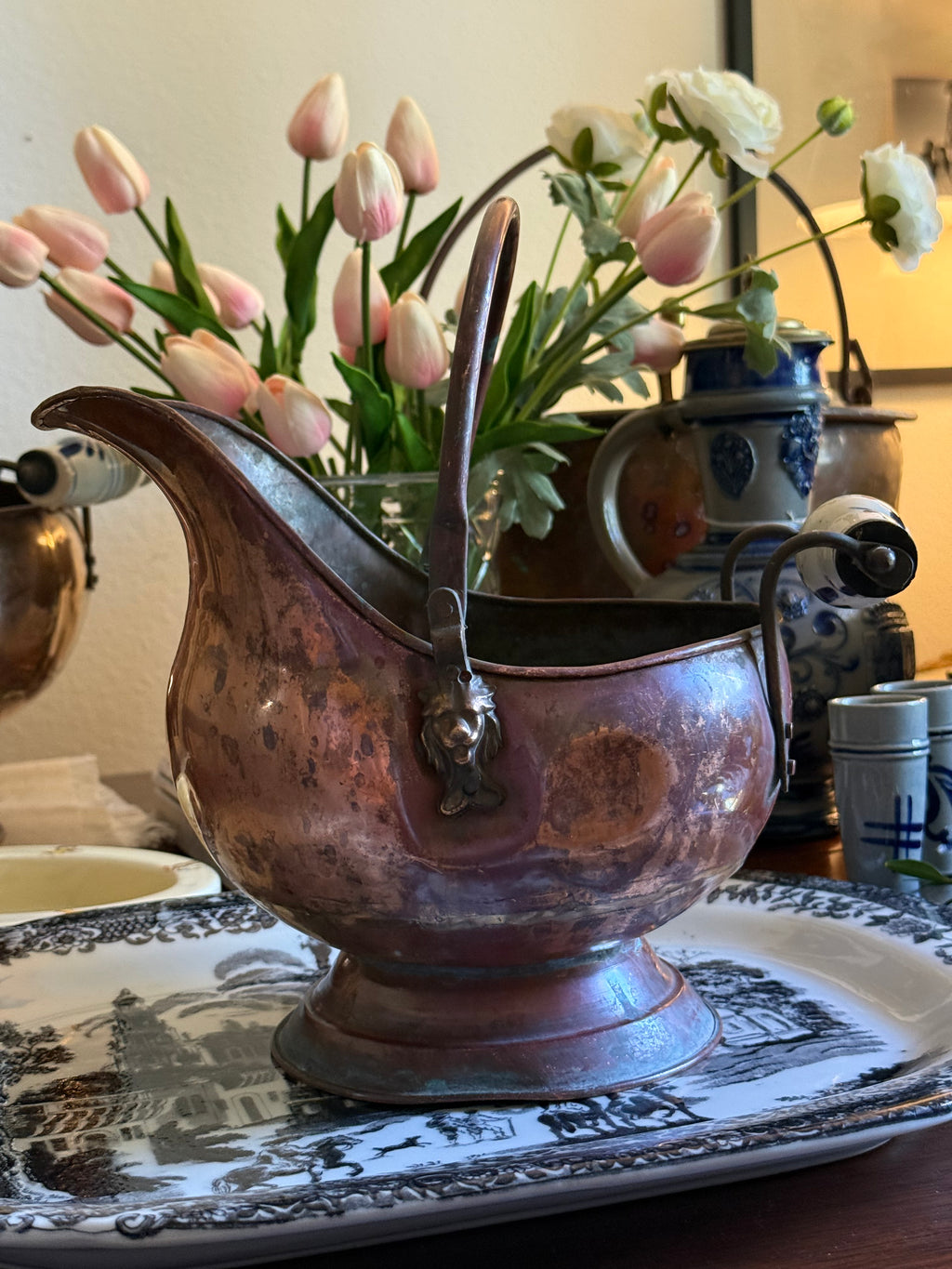 Small Vintage Copper Coal Scuttle Bucket with Delft-Style Handles