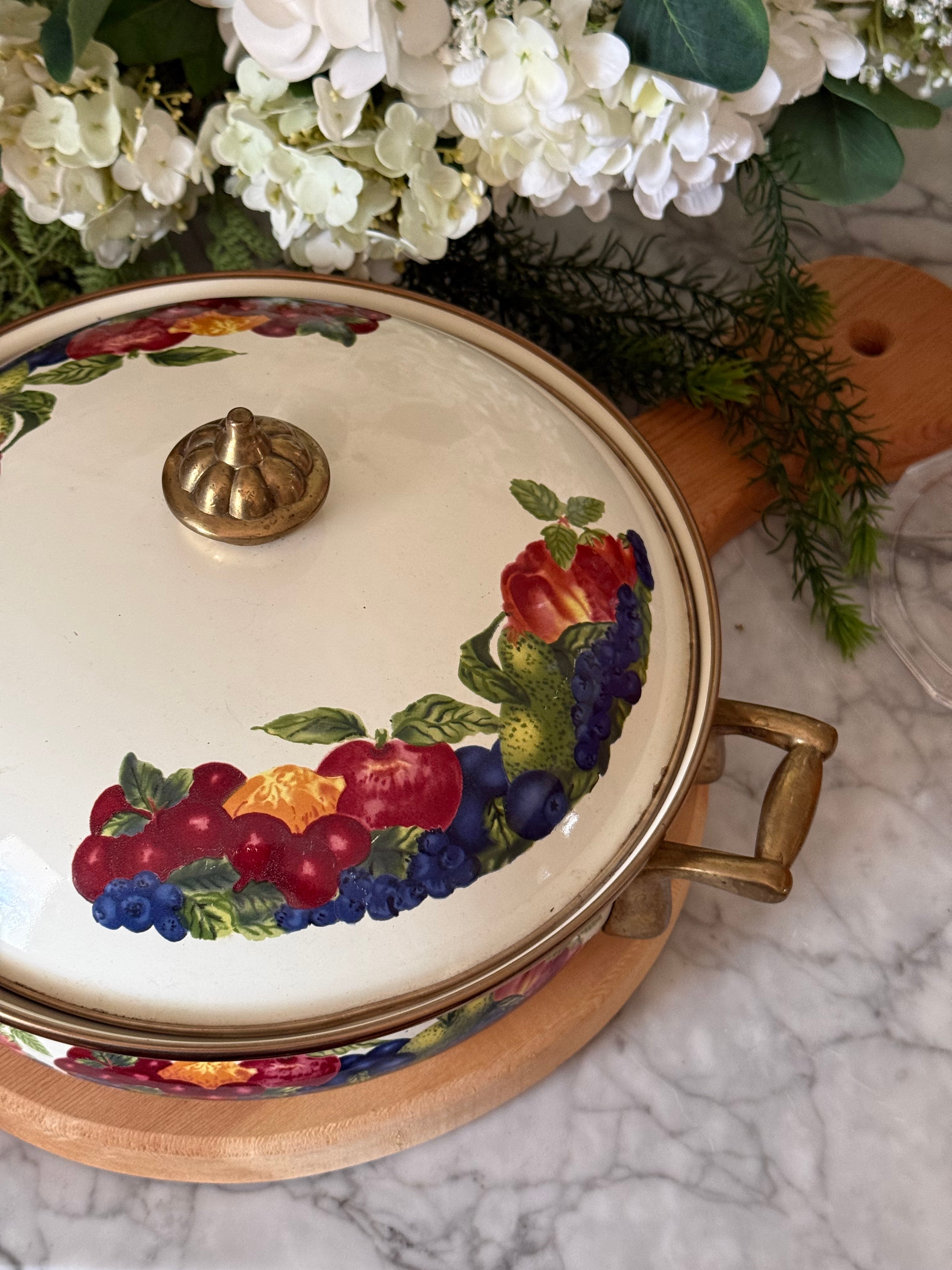 Vintage Lincoware Orchard Fruits Enamel Casserole Pot with Lid