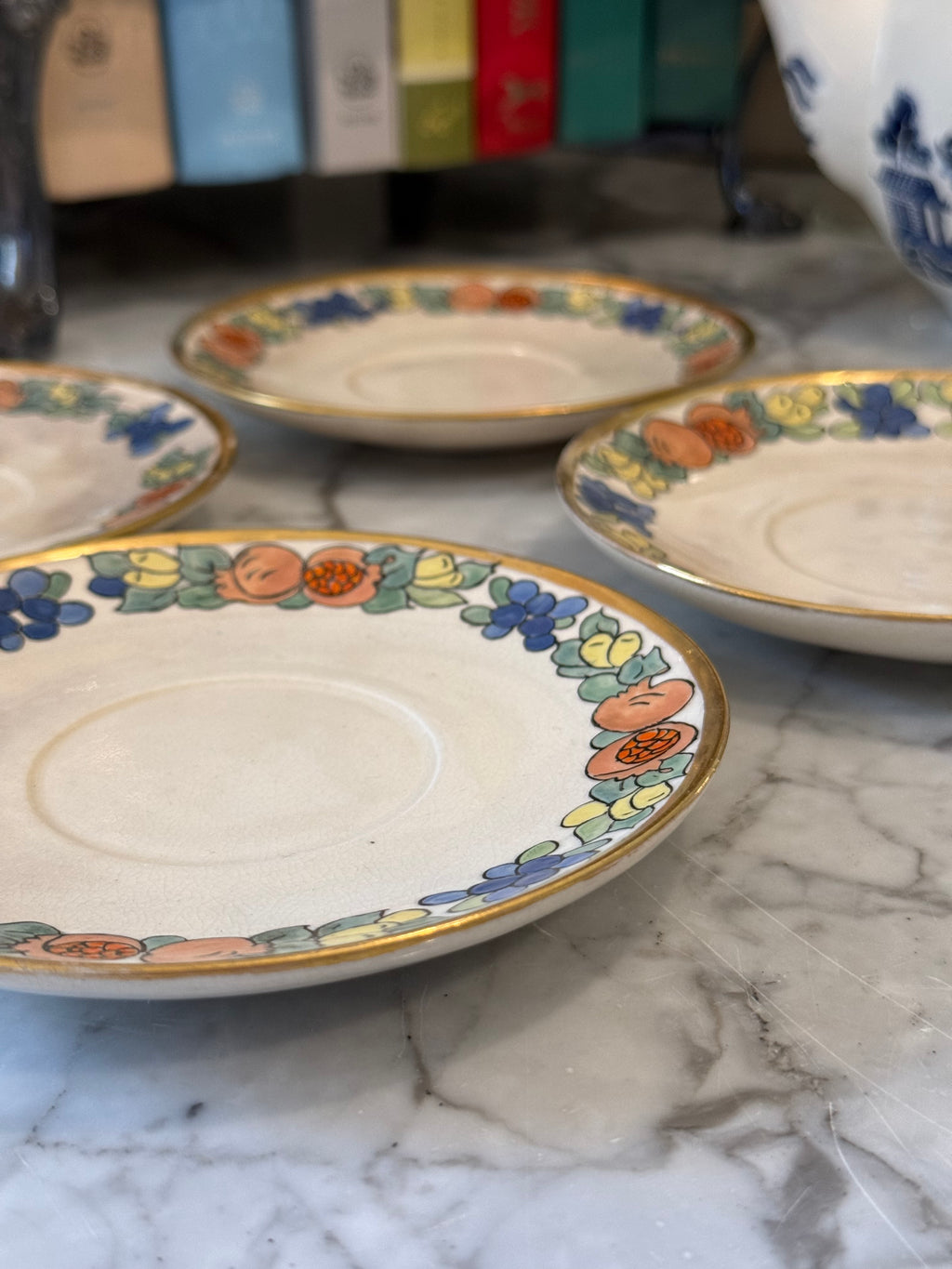 Antique Chinoiserie Ironstone Teacups & Saucers, Set of 4