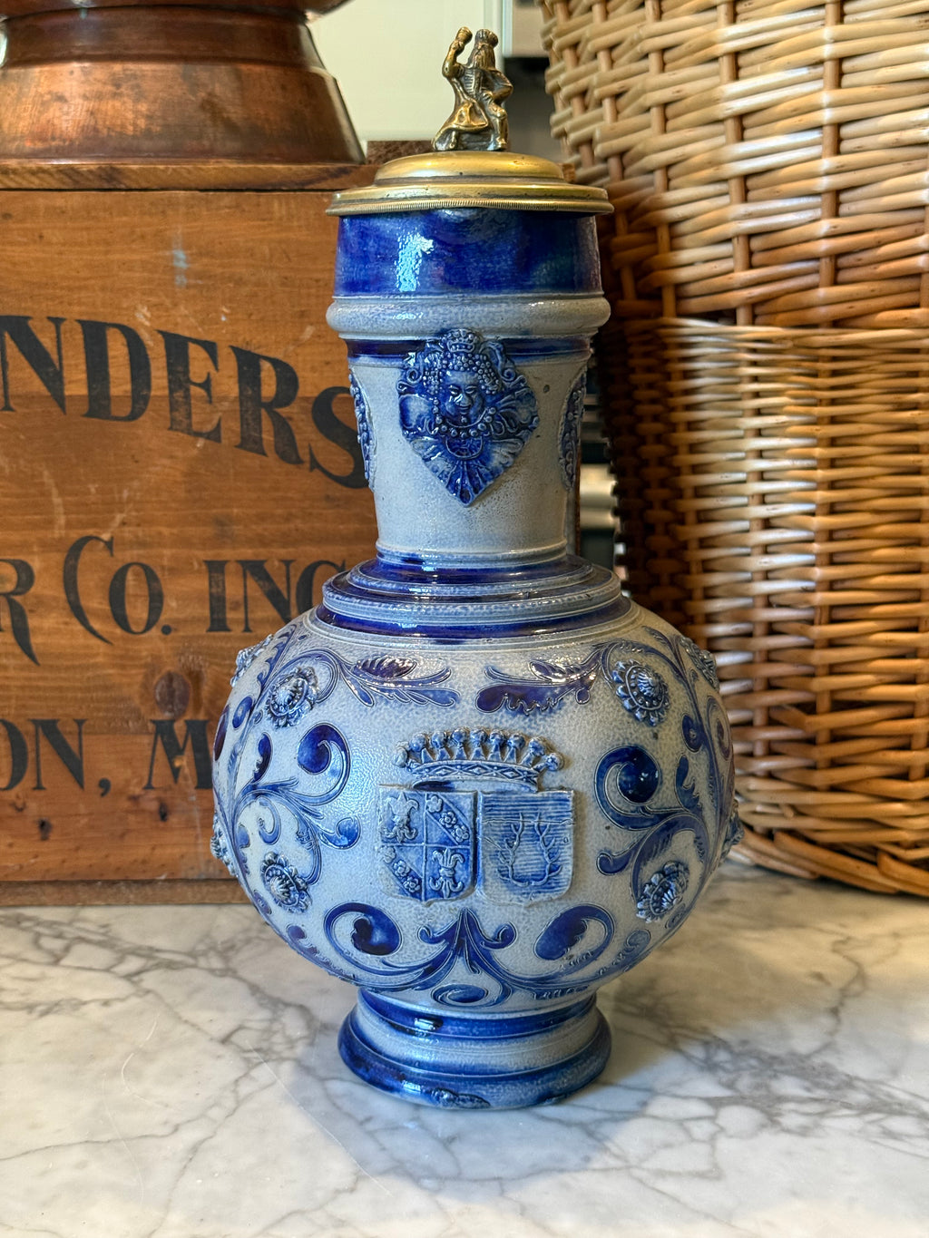 Antique German Westerwald Stein with Ornate Brass Finial