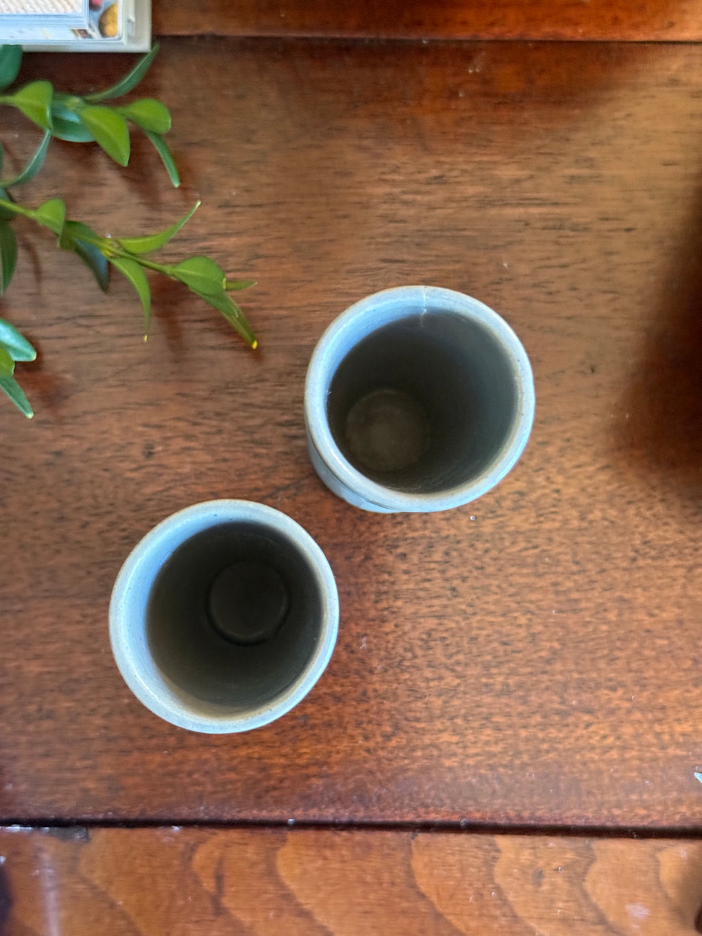 Vintage Blue Salt-Glazed Crock Shot Glasses, Set of 2
