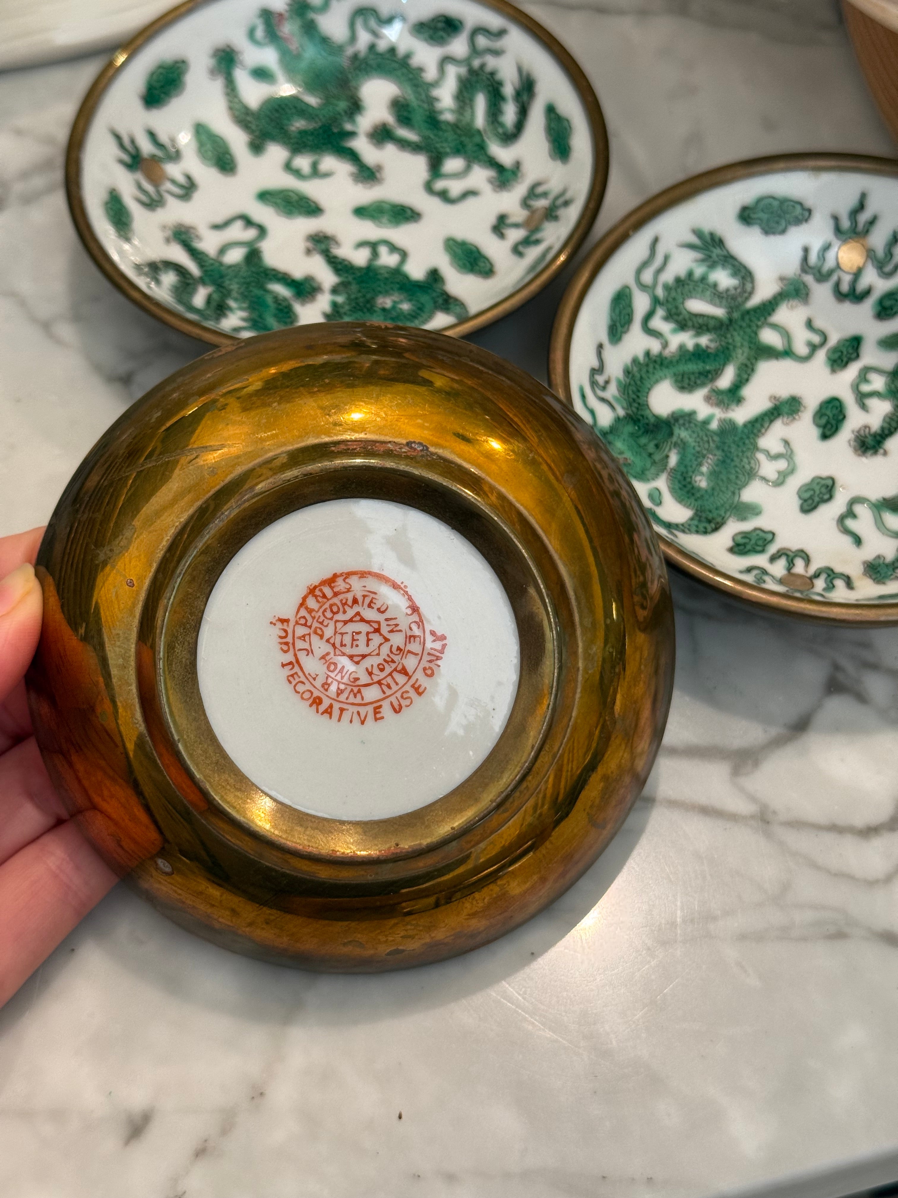 Vintage Chinese Green Dragon Famille Verte Porcelain Brass Rim Dish