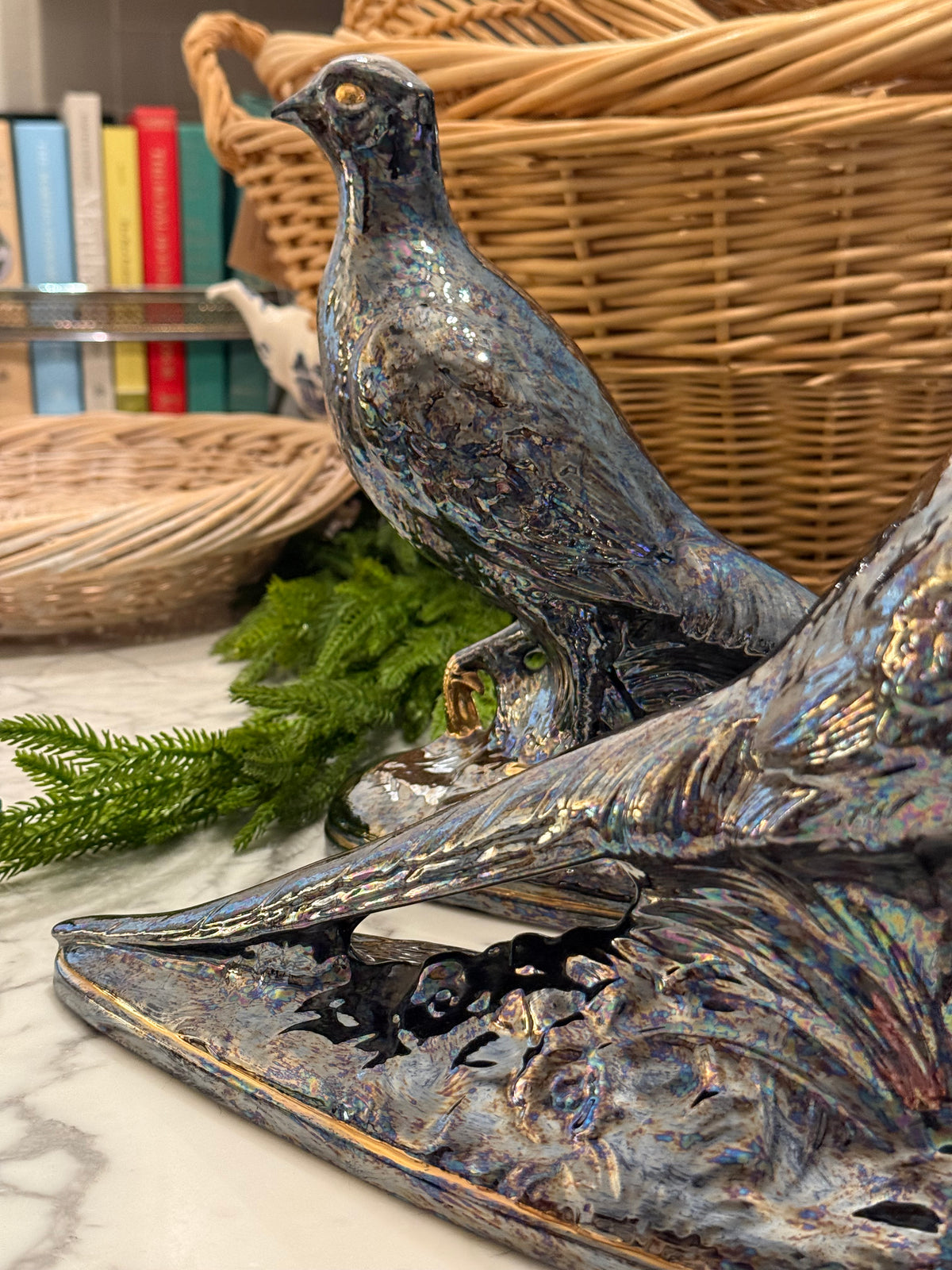 Sculpted Mercury Gray Pheasant Pair