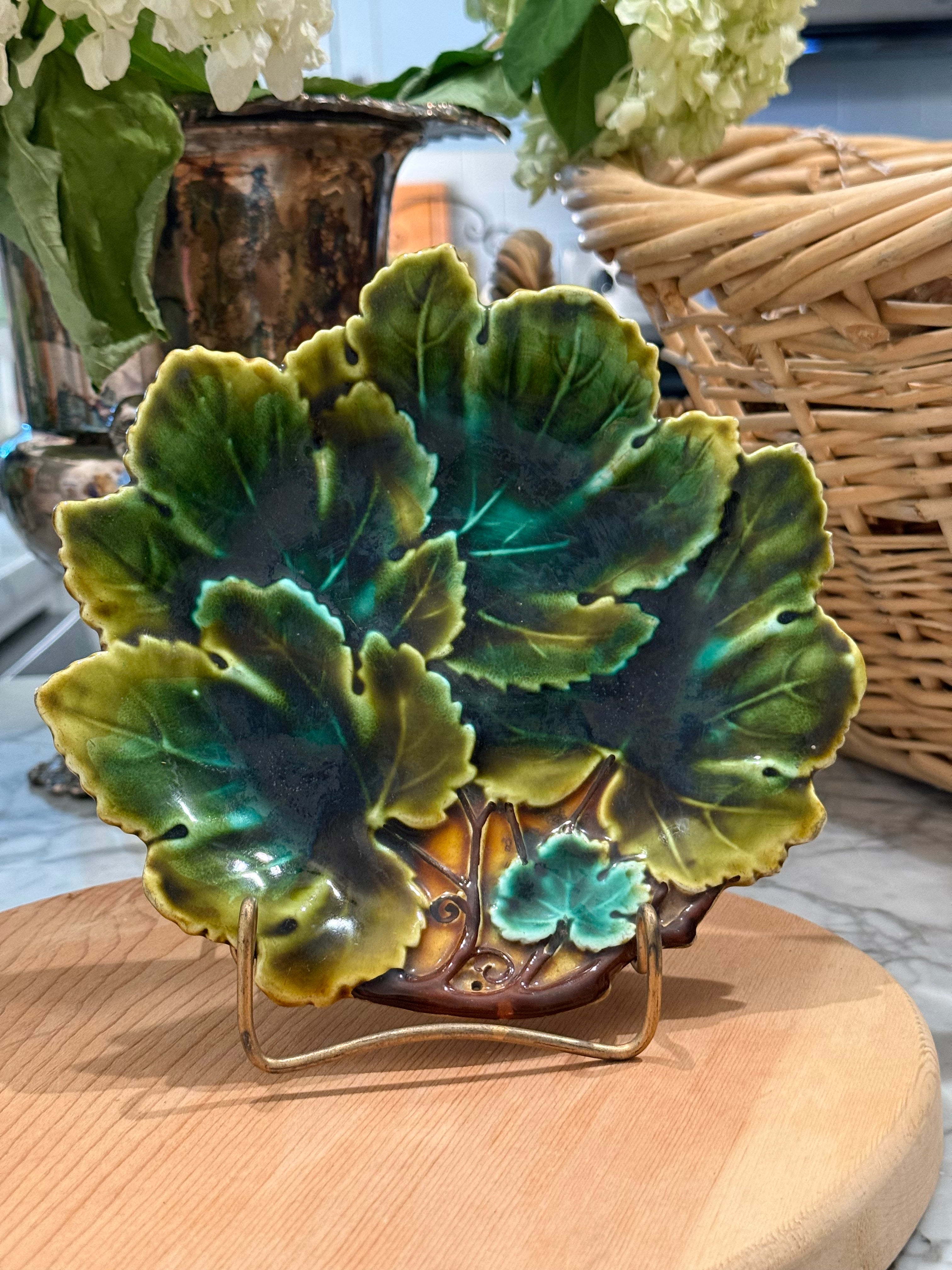 Antique Josef Steidl Znaim Majolica Green Cabbage Leaf Plate
