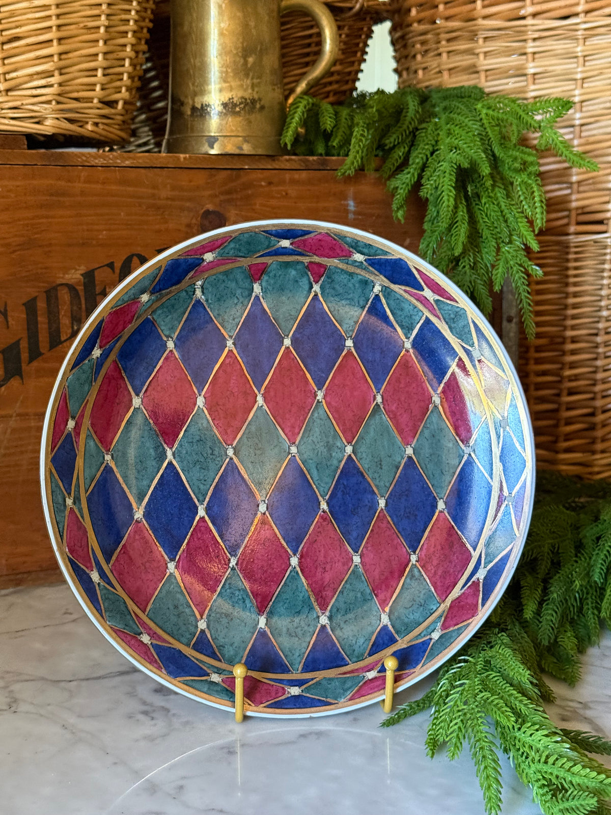 Vintage Harlequin Diamond Porcelain Wall Plate
