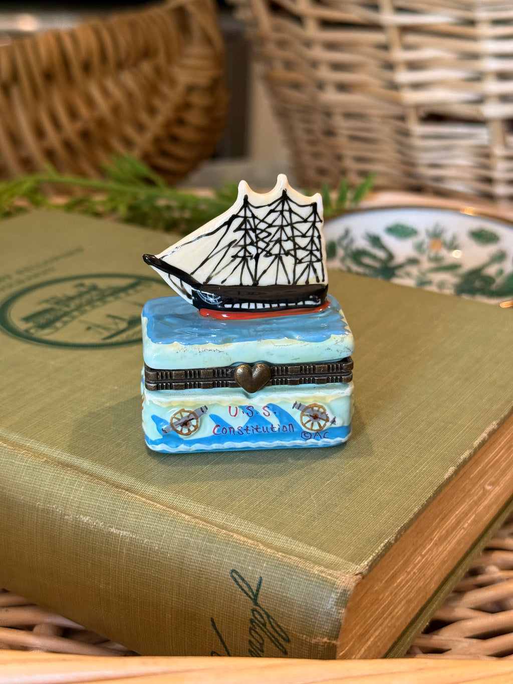 Vintage Limoges-Style Hand-Painted U.S.S. Constitution Trinket Box