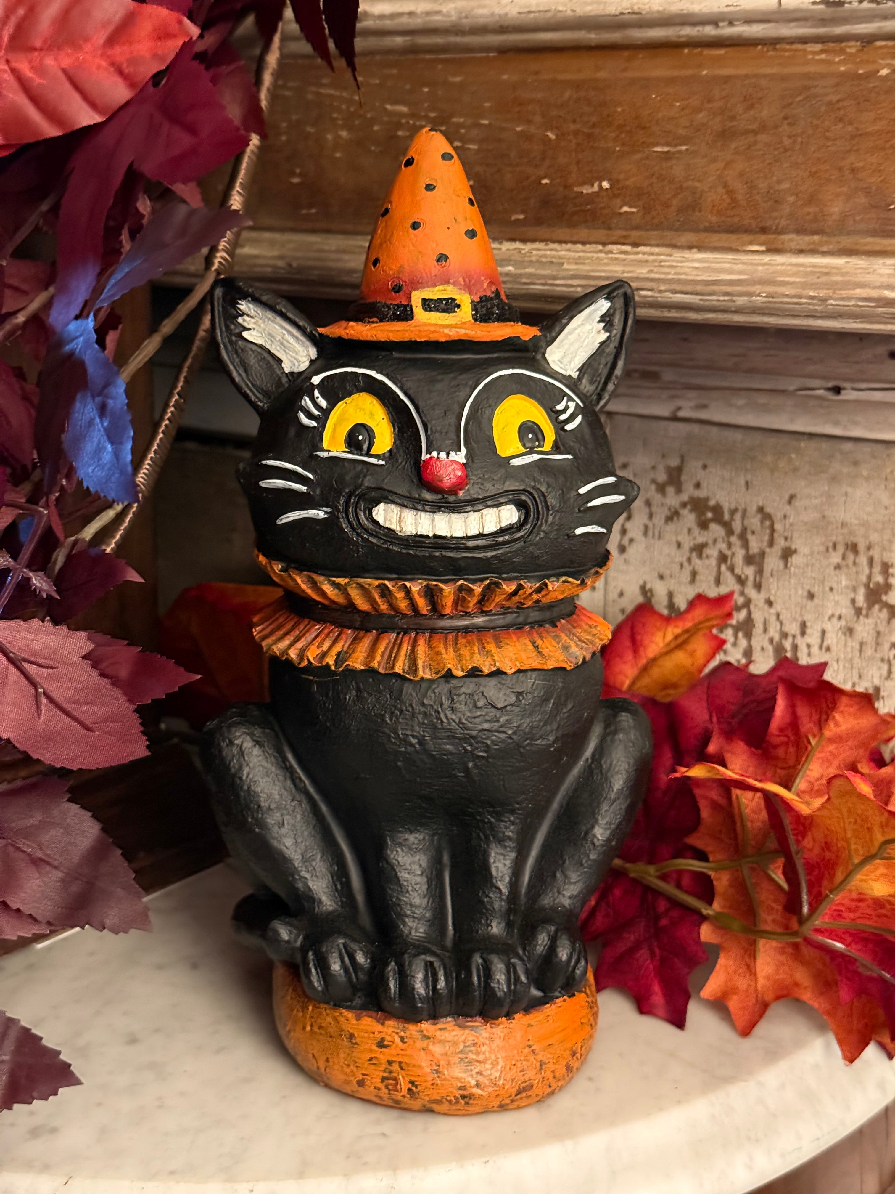 Folk Art Spooky Black Cat Statue Primitive-Style Halloween