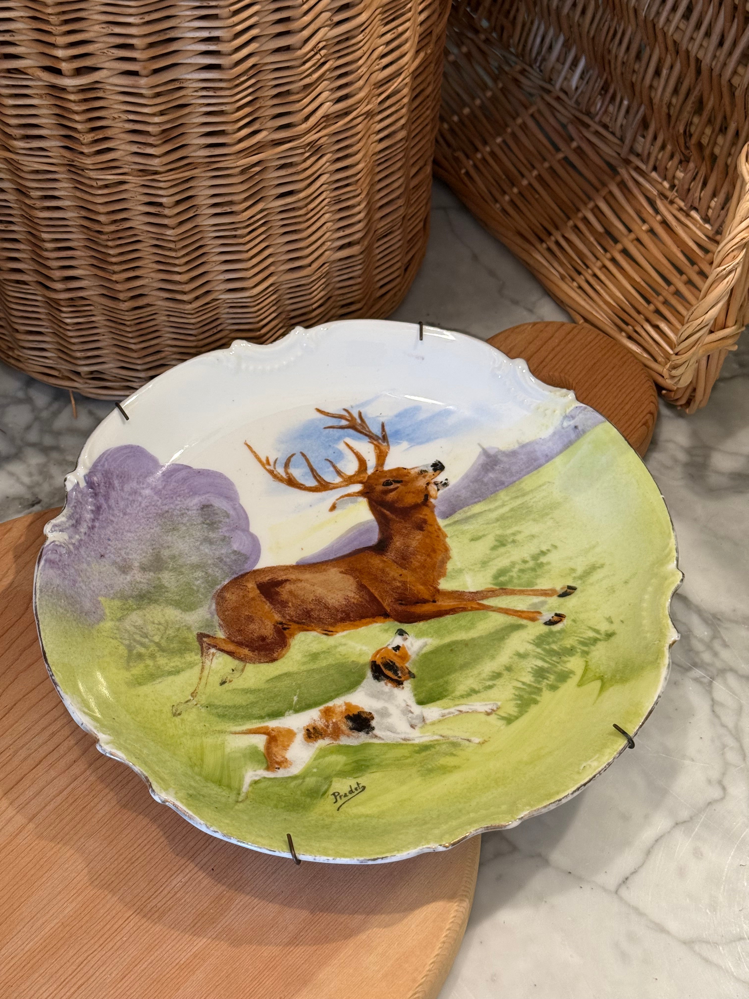 Antique Hand-Painted Stag & Hound Limoges Plate