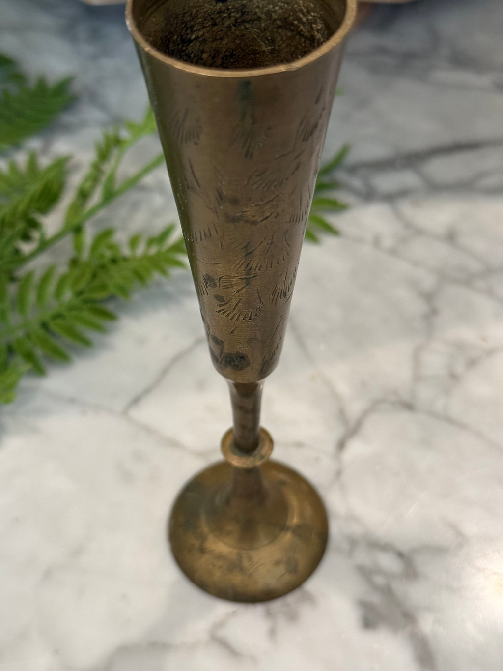 Vintage Brass Etched Thin Bud Vase