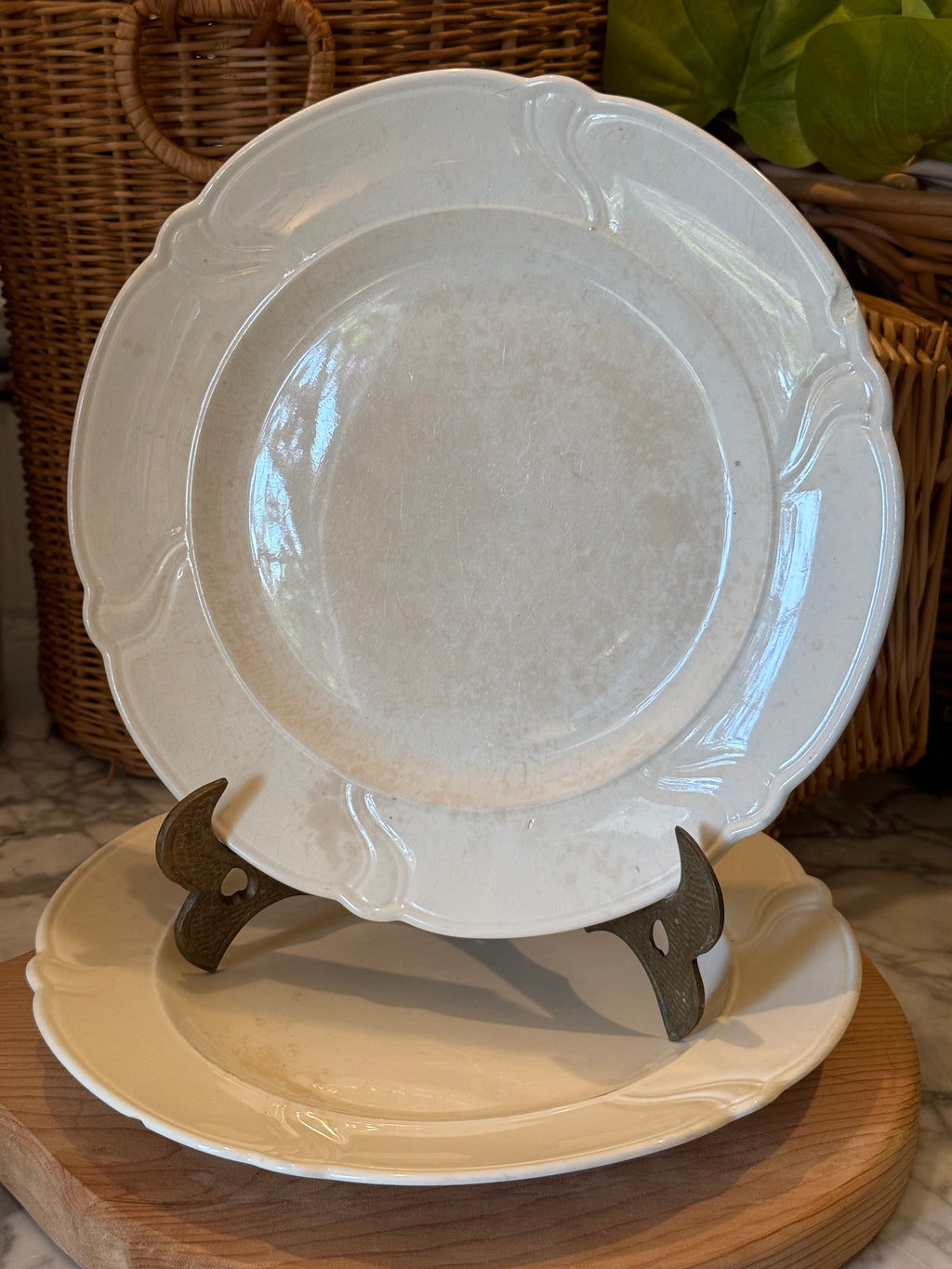 Vintage Embossed Cream TS&T Plates, Set of 2