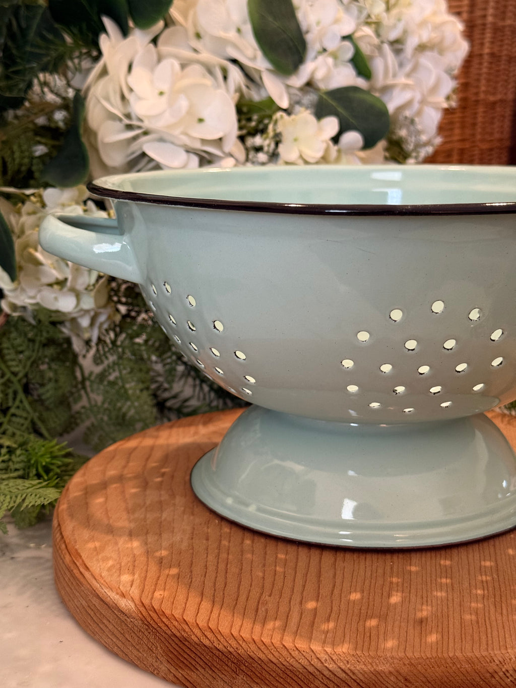 Vintage Pale Blue Teal Enamelware Pedestal Colander Strainer