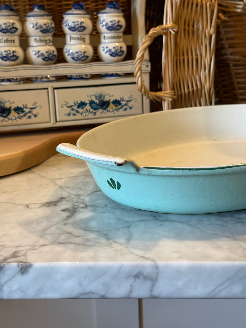 Vintage Teal Holland Enameled Cast Iron Casserole Dish