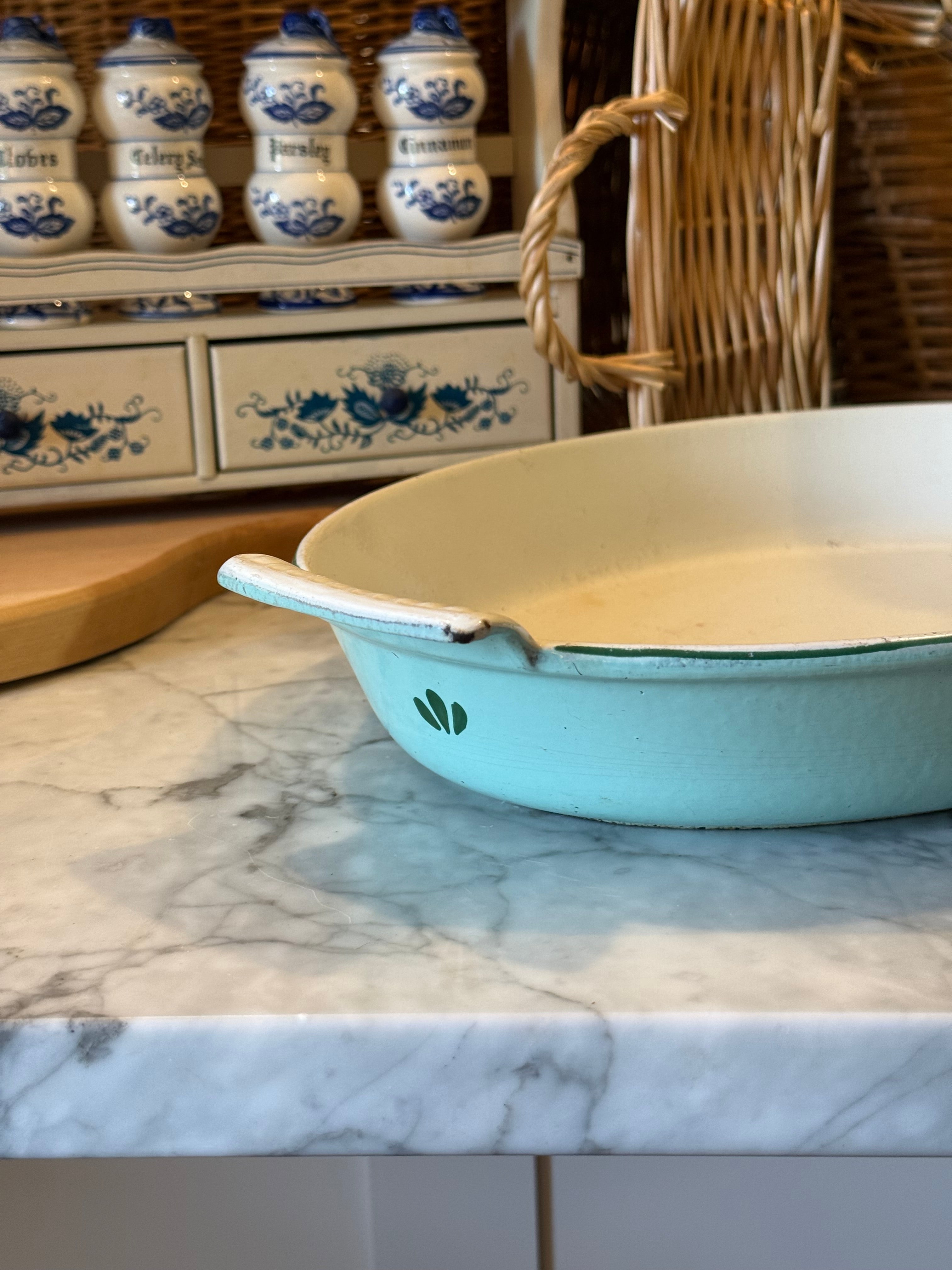 Vintage Teal Holland Enameled Cast Iron Casserole Dish
