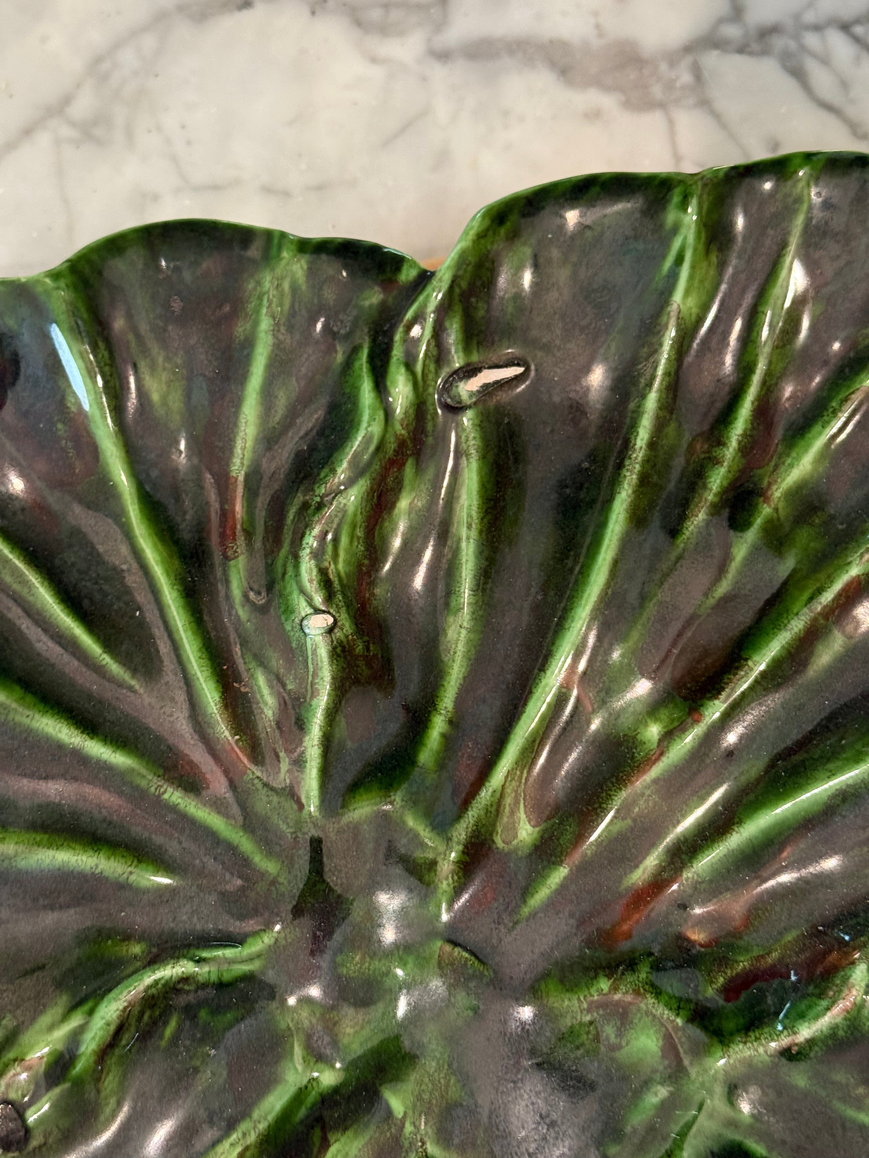 Vintage Green Majolica Style Cabbage Platter Serving Plate (Well Loved)