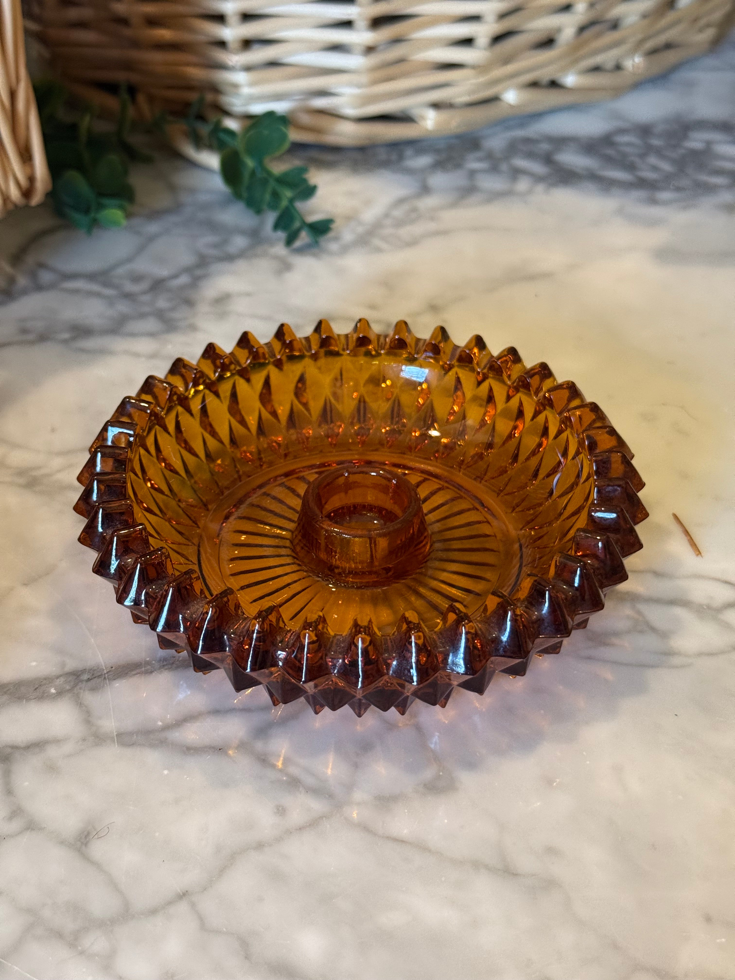 1970s Amber Diamond Point Candle Dish