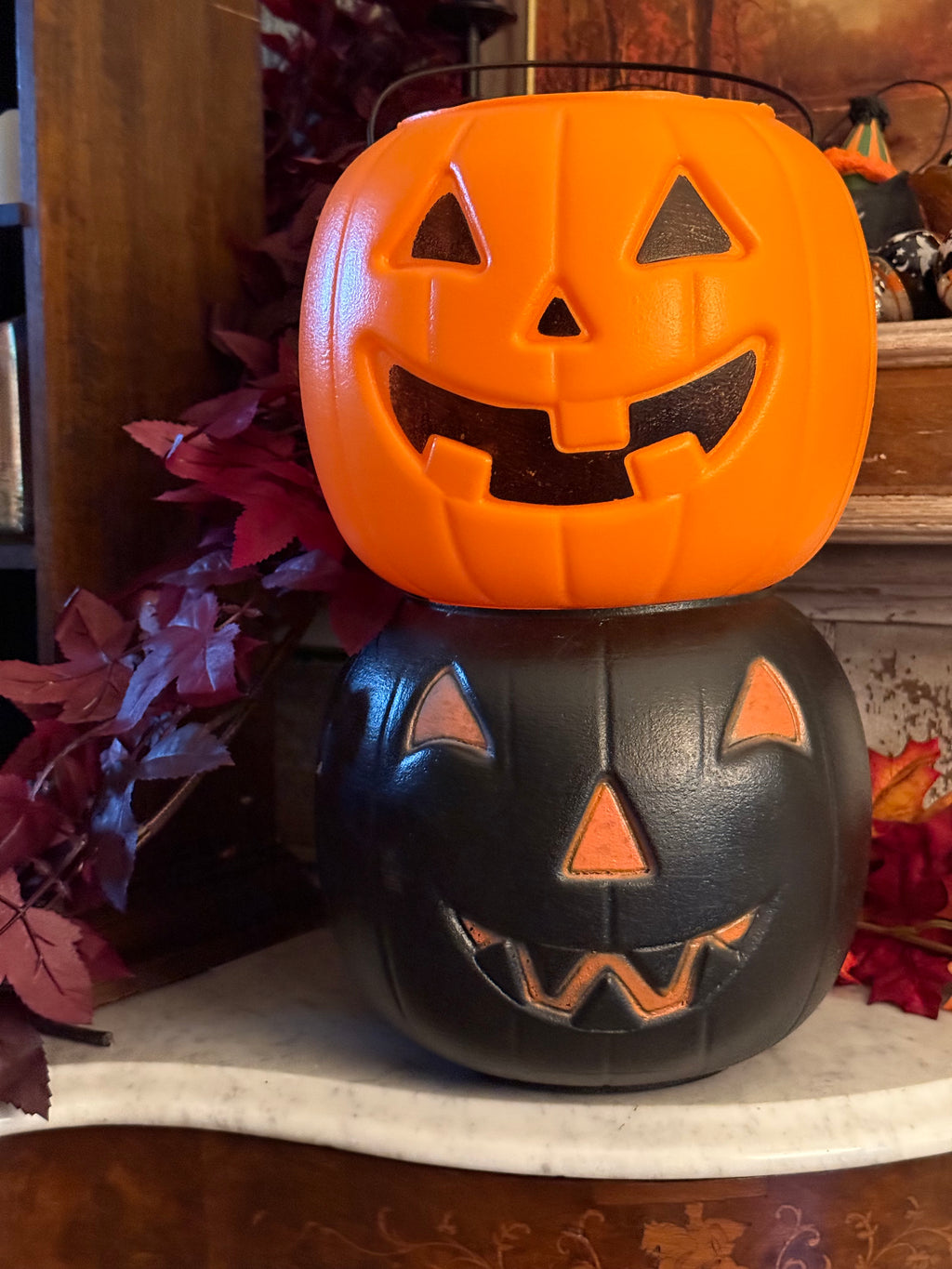 Vintage Blow Mold Trick-or-Treat Pumpkin Buckets