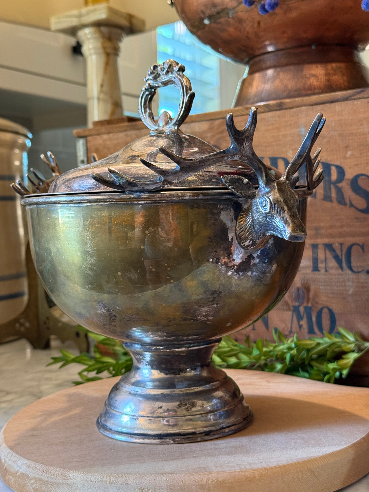 Vintage Silver Plated Stag Head Pedestal Tureen