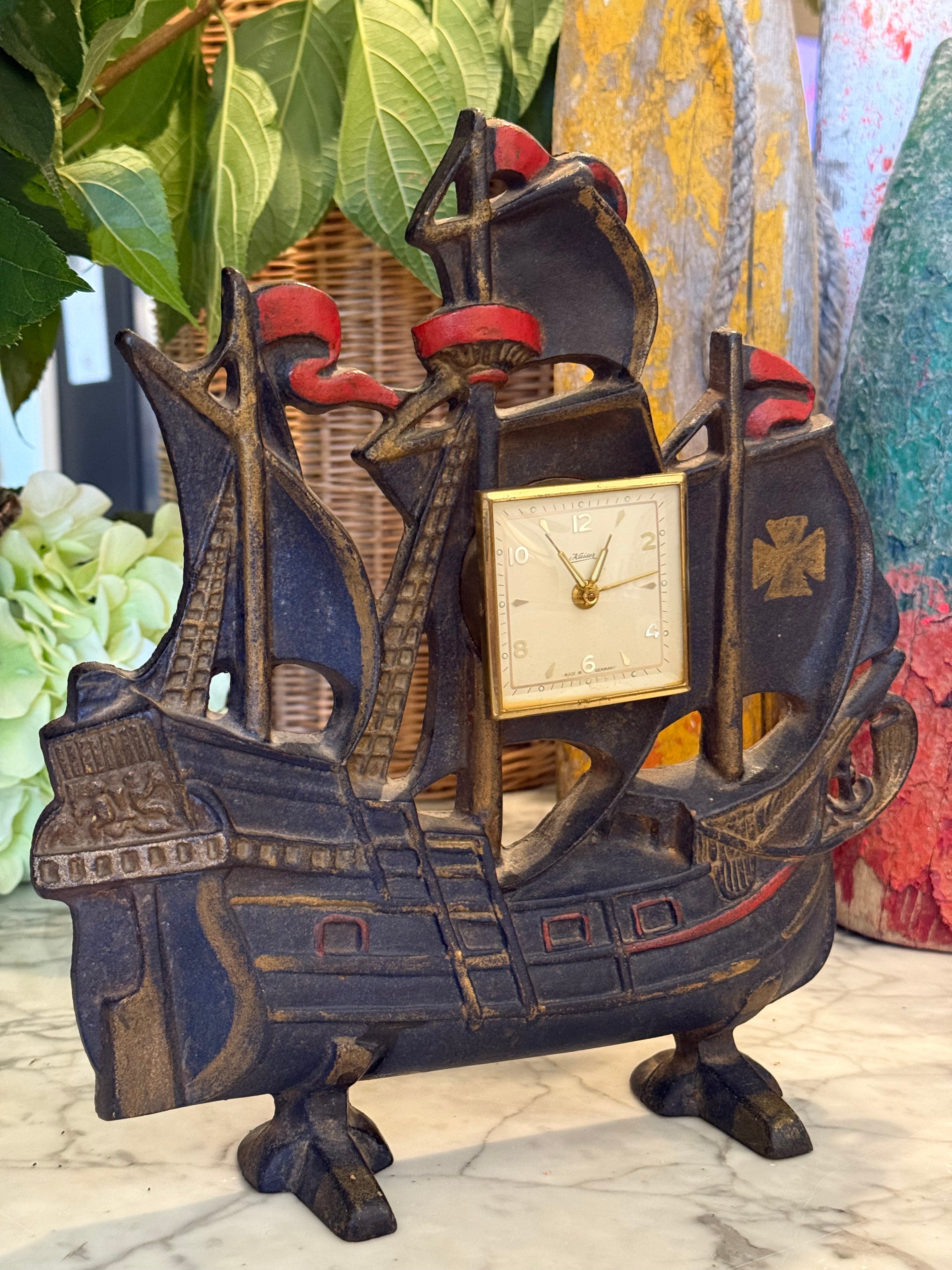 Vintage Cast Iron Sailboat Doorstop Clock with German Kaiser Movement