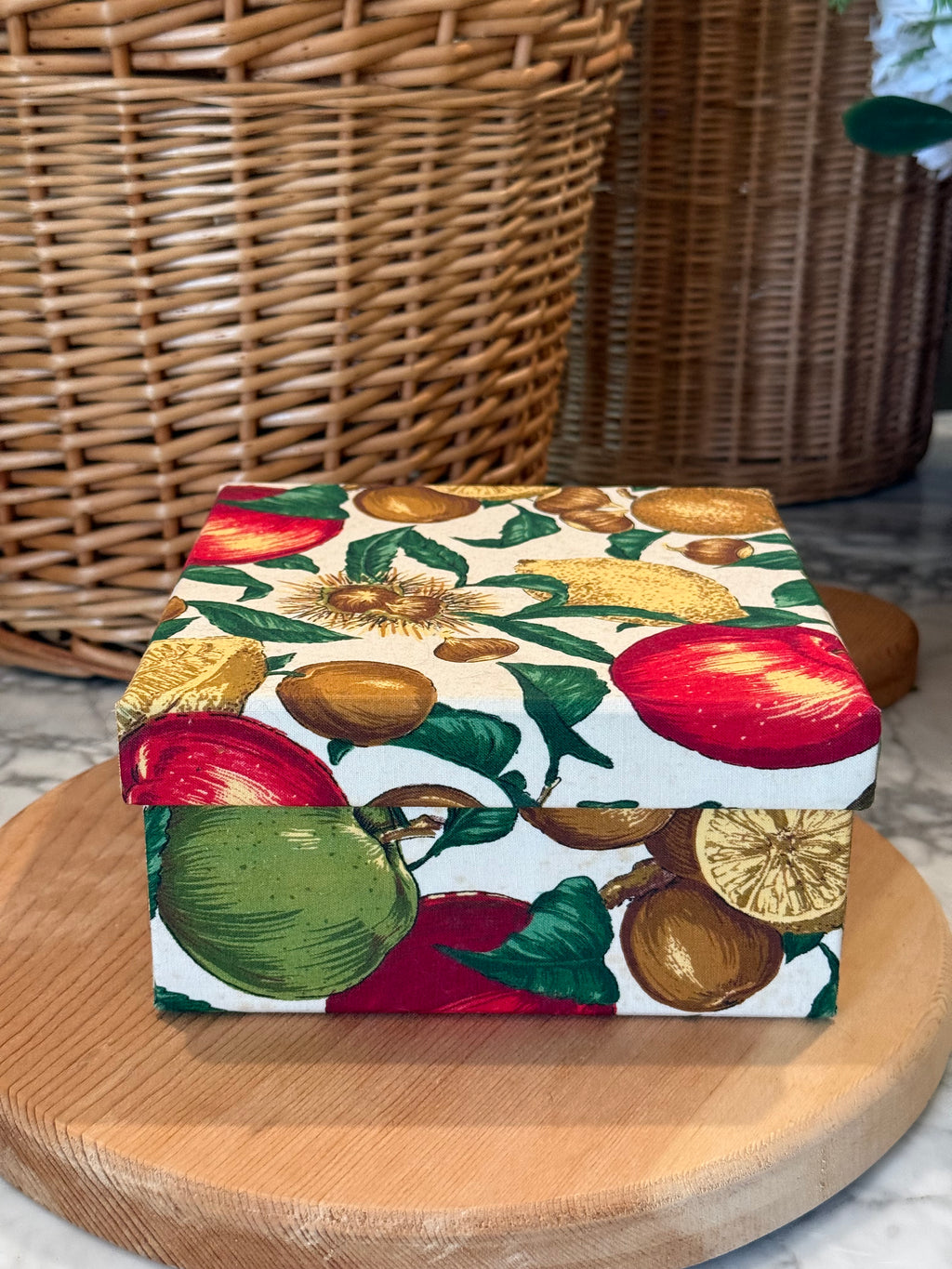 Vintage Faux Fruit Fabric Covered Storage Box
