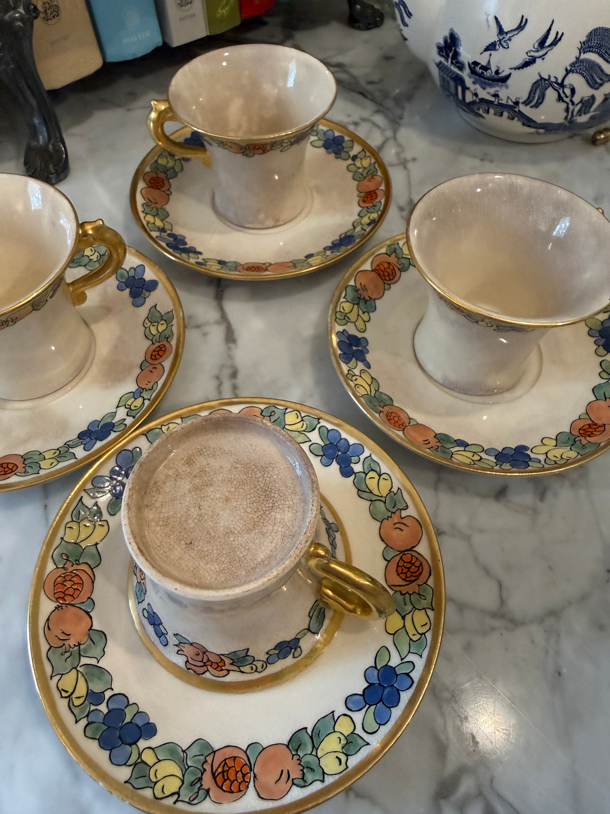 Antique Chinoiserie Ironstone Teacups & Saucers, Set of 4