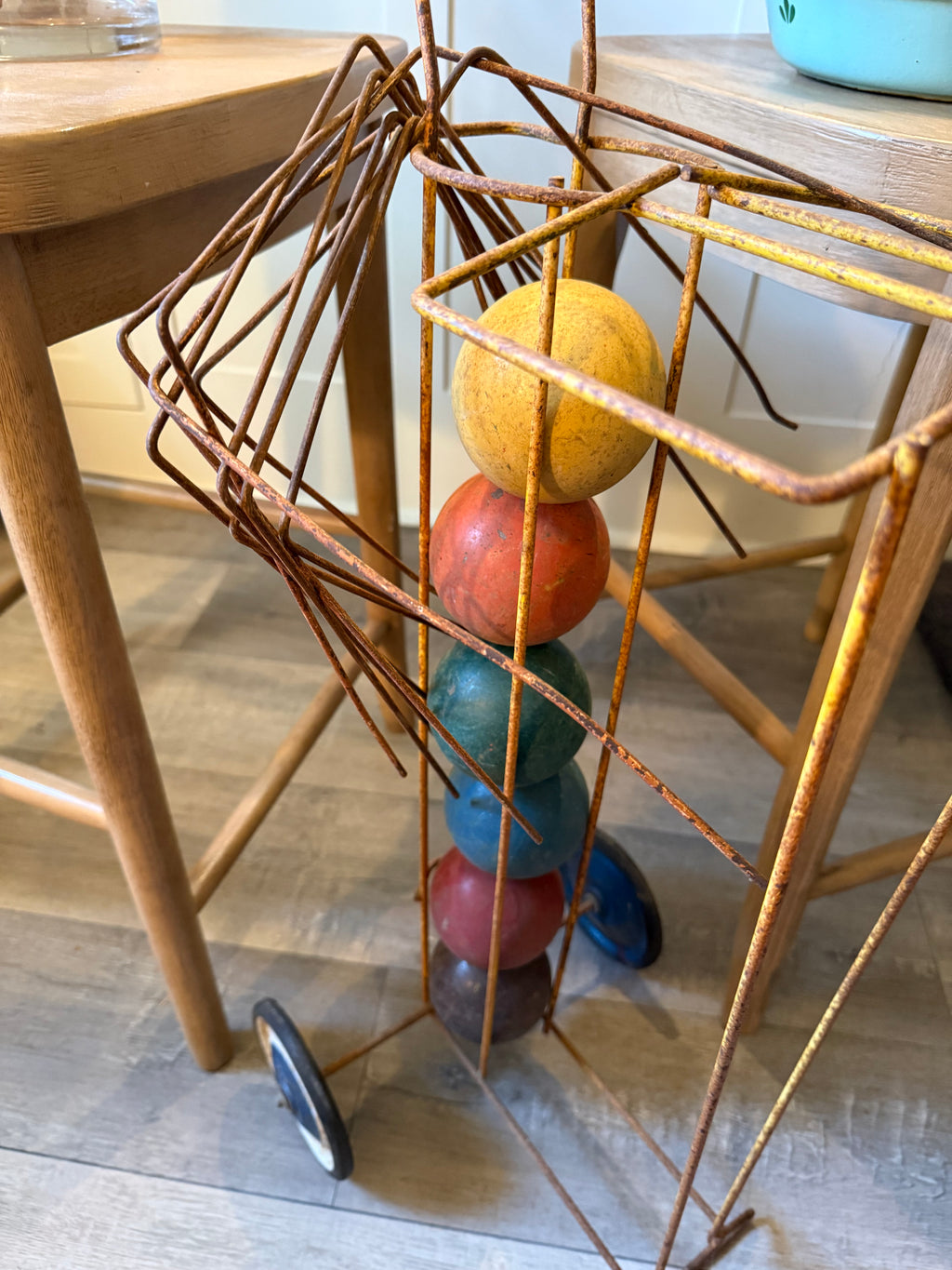 Vintage Wooden Croquet Set with Rolling Wire Cart